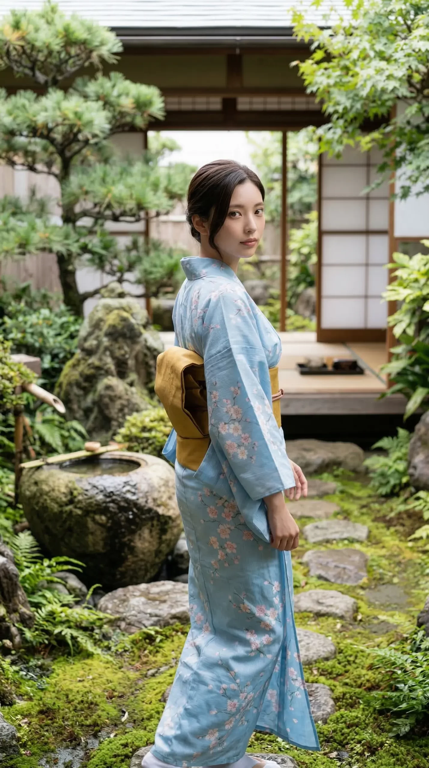 日本庭園を背景に、水色の浴衣を着て振り返る女性。周囲には苔やつくばい、和室が見える。 (40文字)