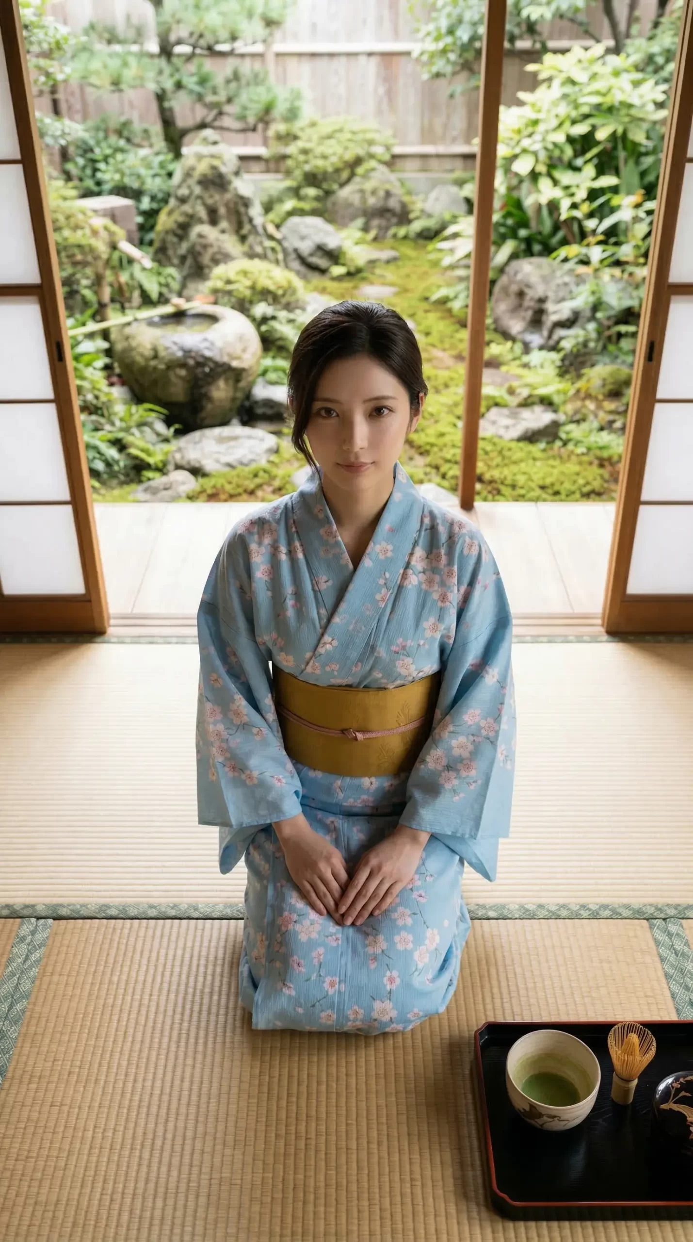 日本庭園を背景に、水色の着物姿で畳に正座する女性。手前には抹茶の茶道具。