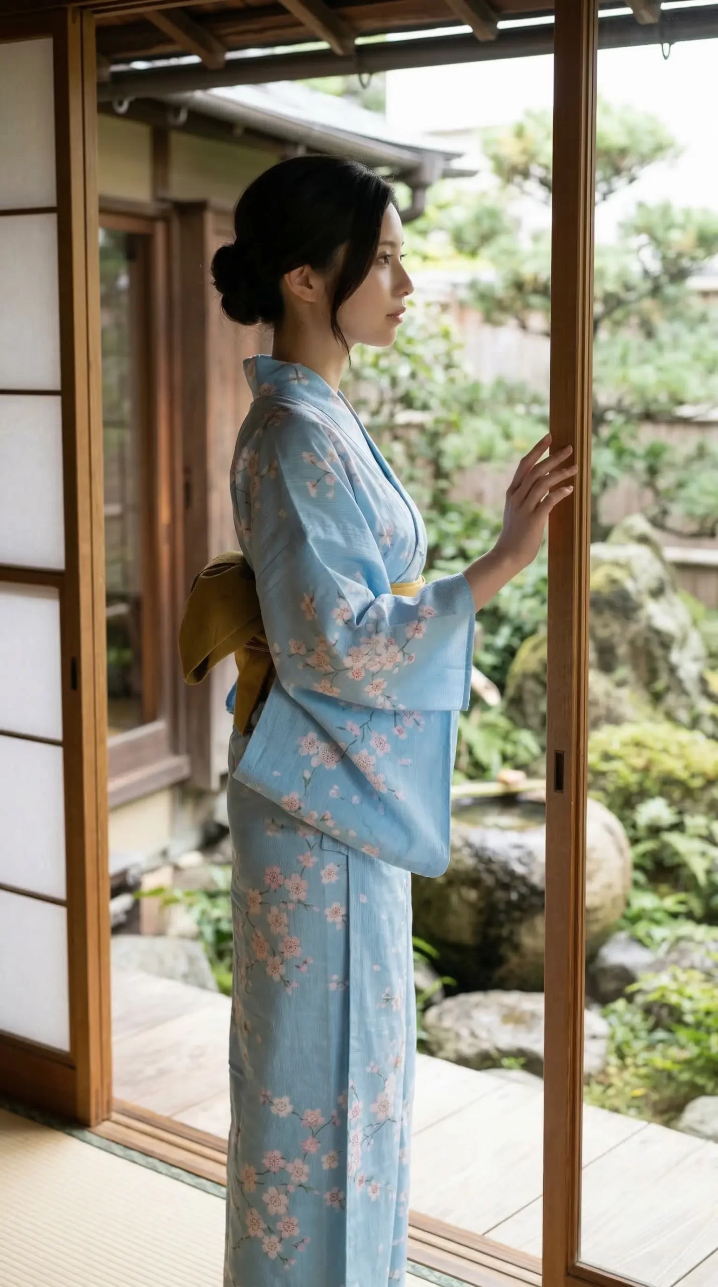 水色の花柄浴衣を着た女性が、日本家屋の縁側に立ち、庭を眺めている姿。