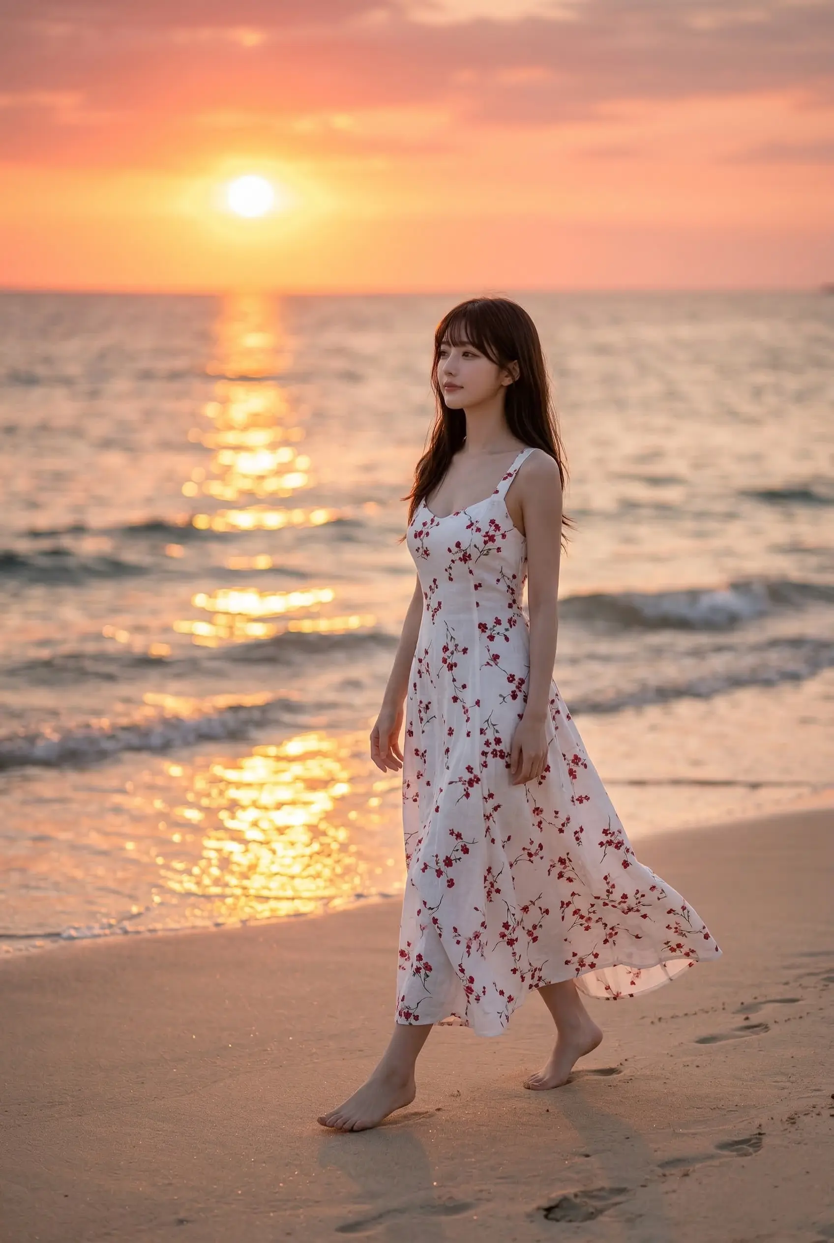 夕日に照らされた砂浜を、白い花柄のワンピース姿で裸足で歩く女性