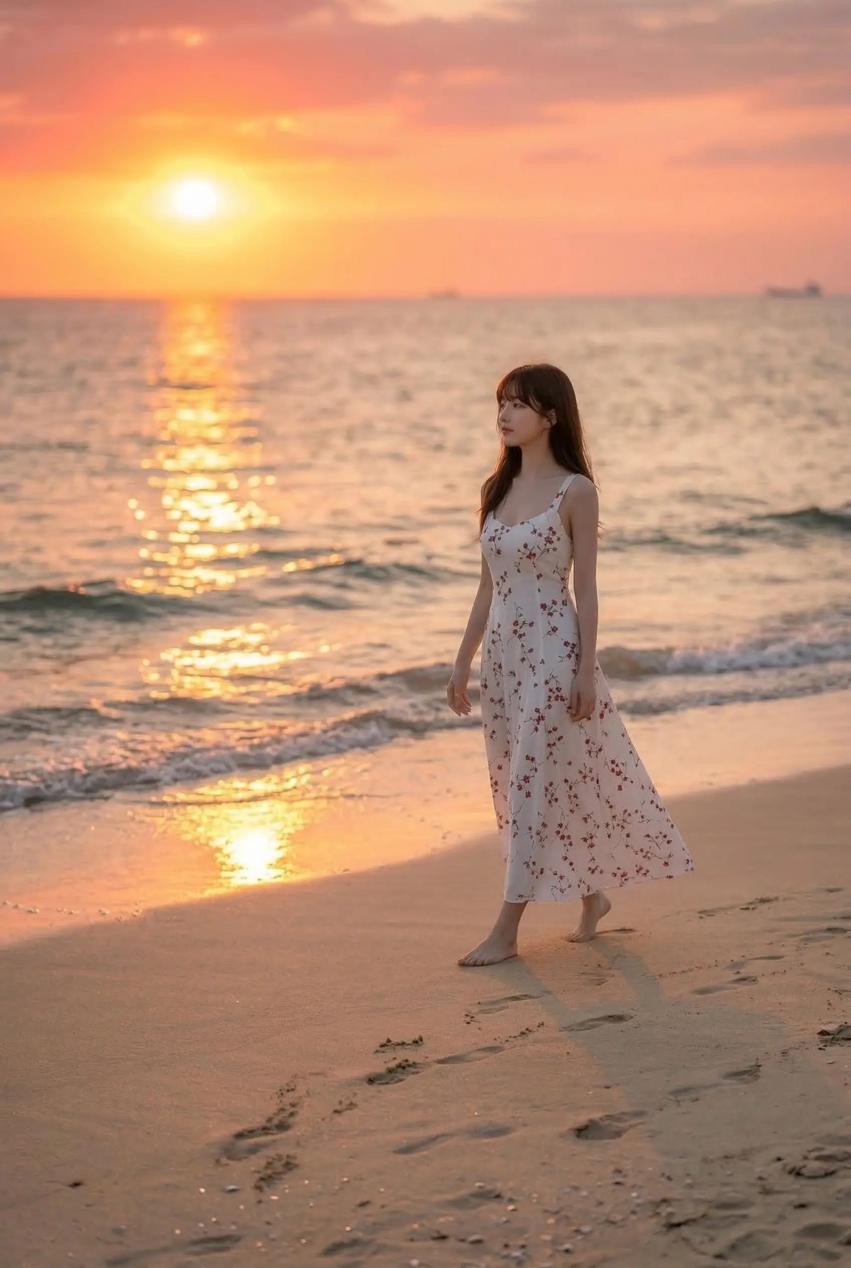 夕暮れの砂浜を白い花柄のワンピース姿で歩く、一人の若い女性。(31文字)