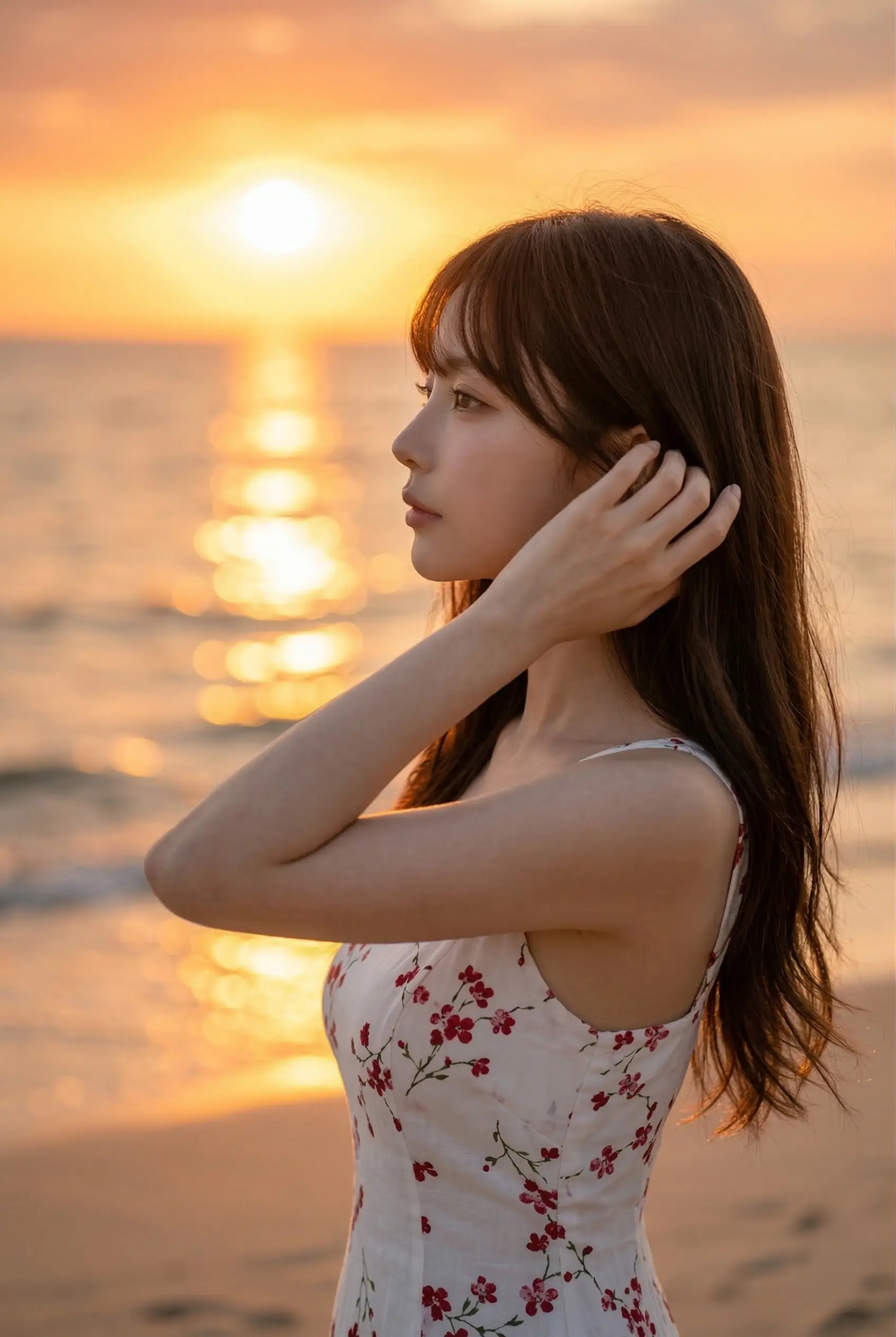 夕暮れの海辺に立ち、遠くを見つめる白い花柄ワンピース姿の女性の横顔