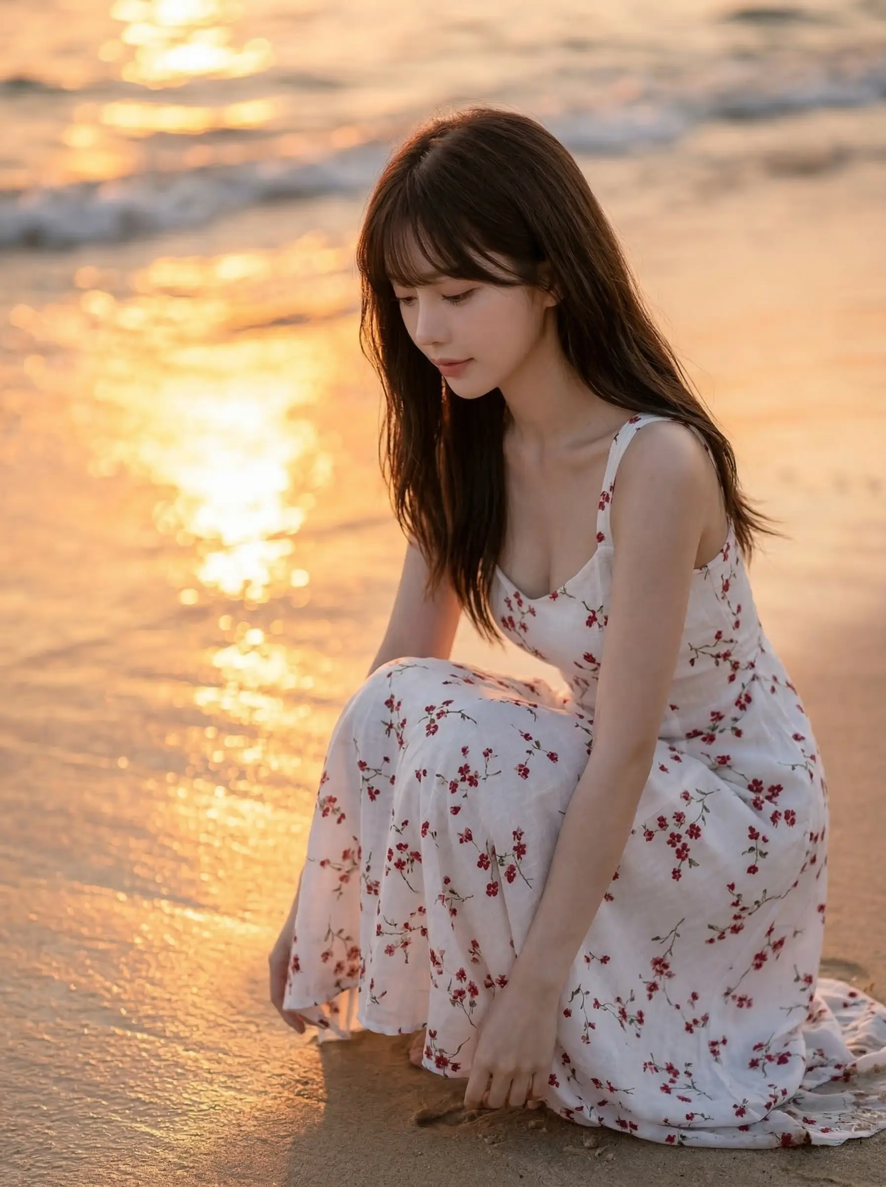 夕焼けを背景に白い小花柄のワンピースを着た女性が砂浜にしゃがみ込んでいる