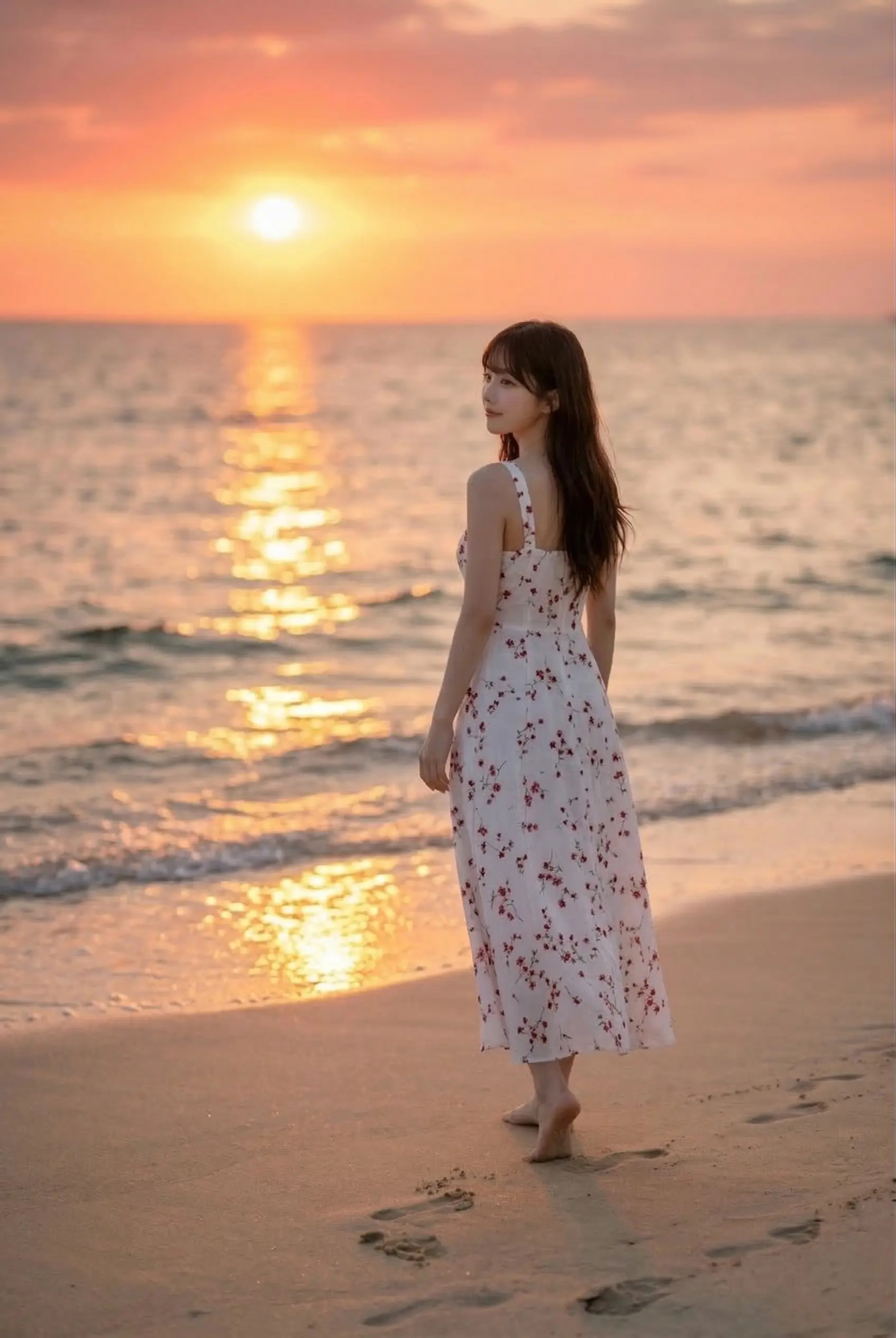 夕焼けのビーチで、白い花柄のワンピースを着た女性が裸足で歩いている。
