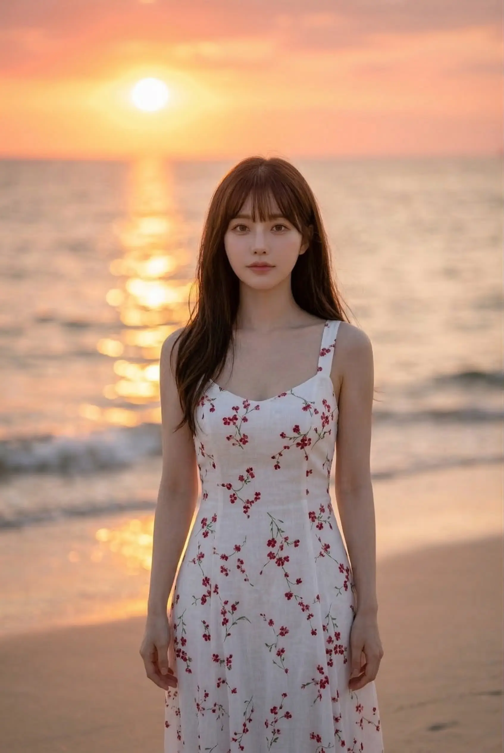 夕焼けの海を背景に、白い花柄のワンピースを着て佇むロングヘアの女性。
