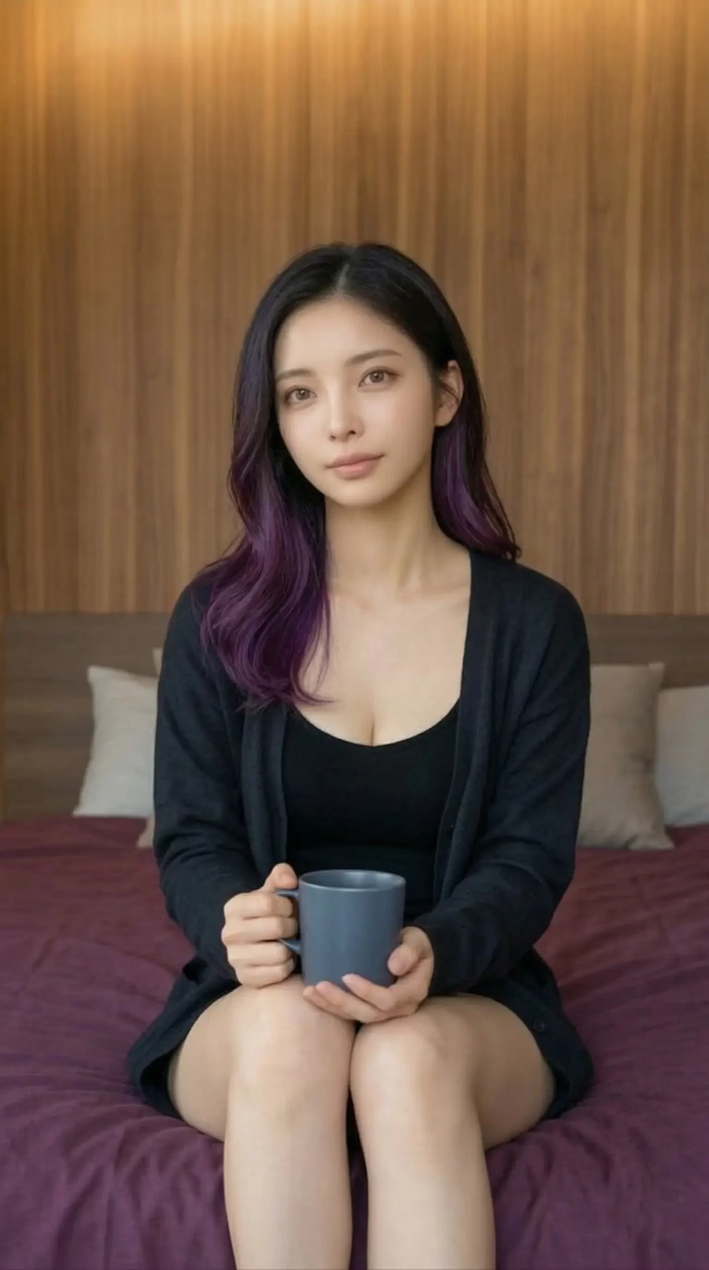 ベッドに座ってマグカップを持つ、毛先に紫色の入ったロングヘアの女性。