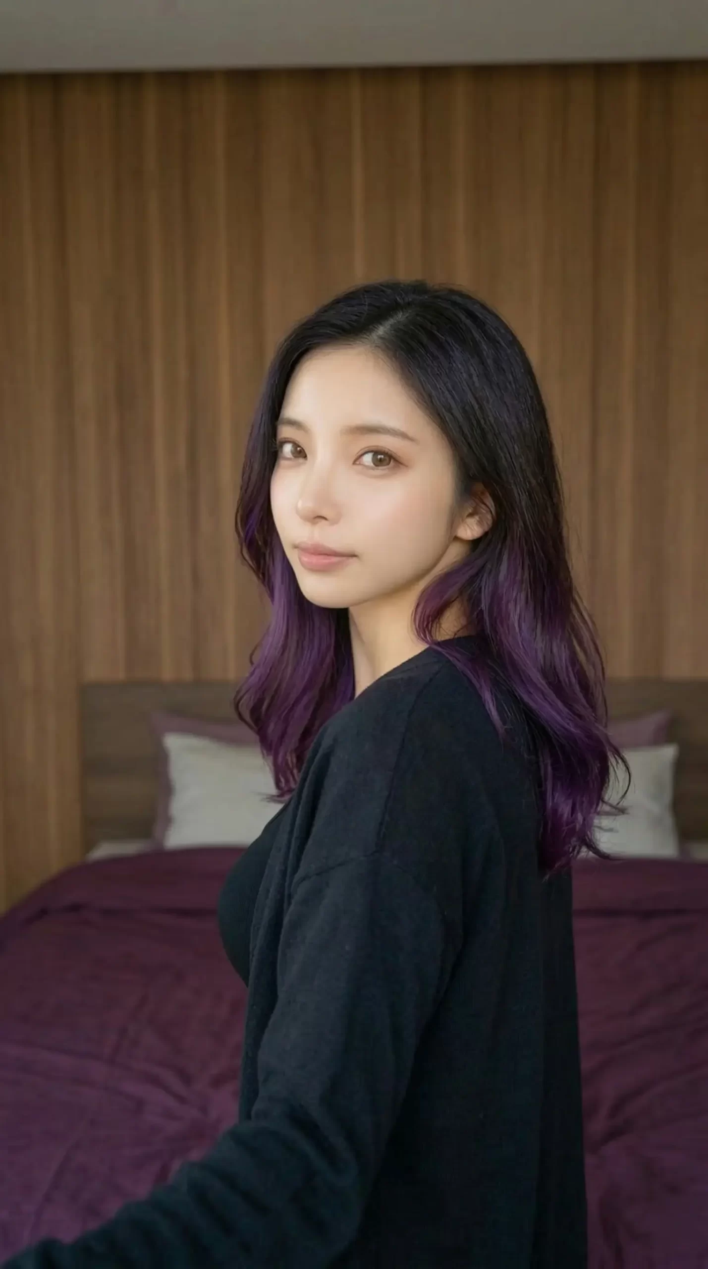 毛先を紫に染めた黒髪の女性が、ベッドの前で振り返りながらこちらを見つめる姿。 (37文字)