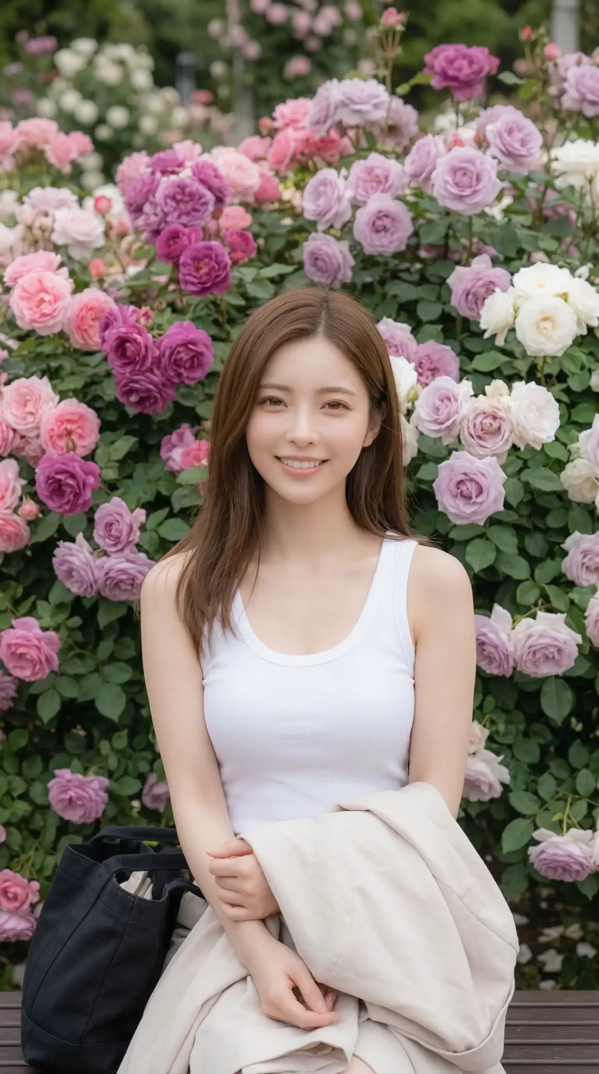 満開のバラを背景に、白いタンクトップ姿で微笑むロングヘアの若い女性。