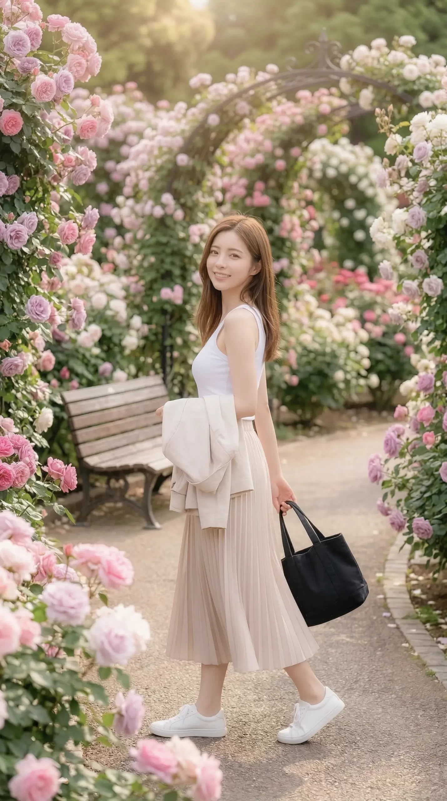 満開のバラが咲く庭園を、笑顔で振り返りながら散策するロングヘアの女性