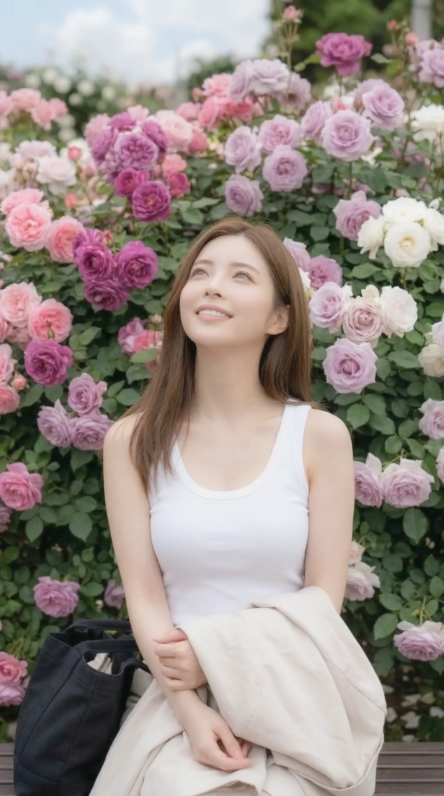 満開のバラを背景に、白いタンクトップを着て微笑みながら空を見上げる女性。