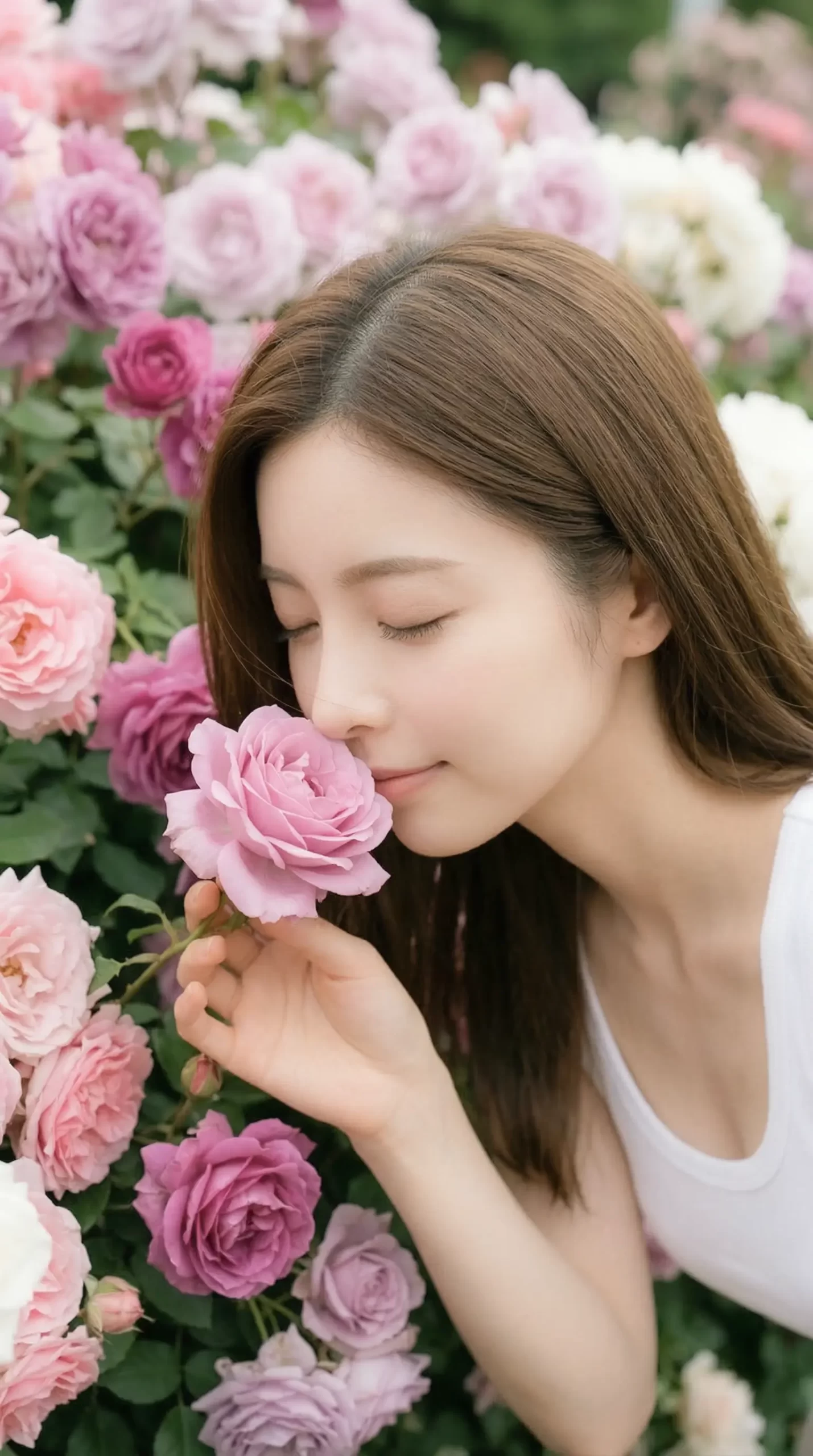 バラ園で目を閉じ、一輪のピンクのバラの香りをそっと嗅いでいるロングヘアの女性。