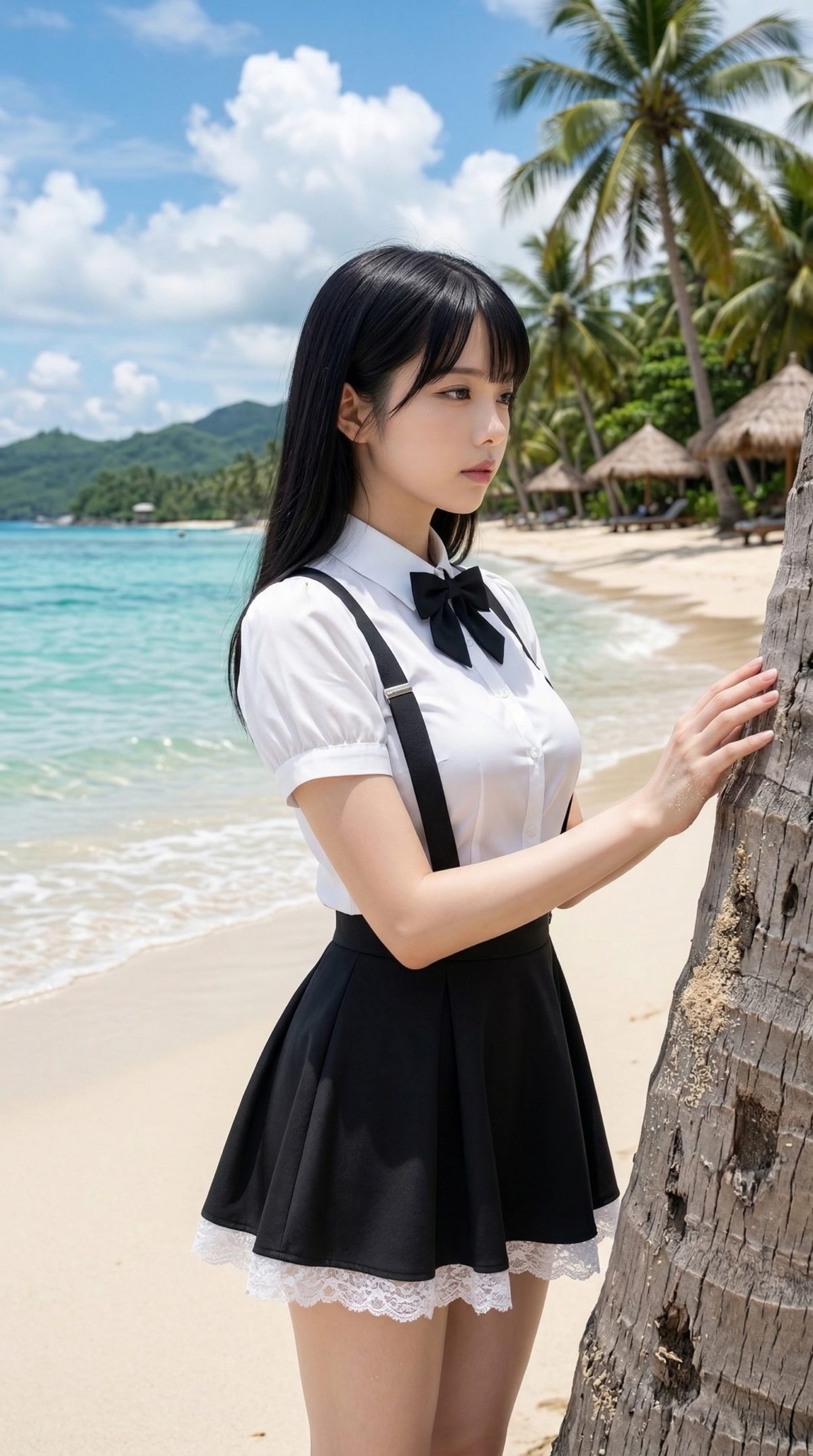 南国の海を背に、制服風の衣装でヤシの木に寄り添い佇む黒髪の若い女性。