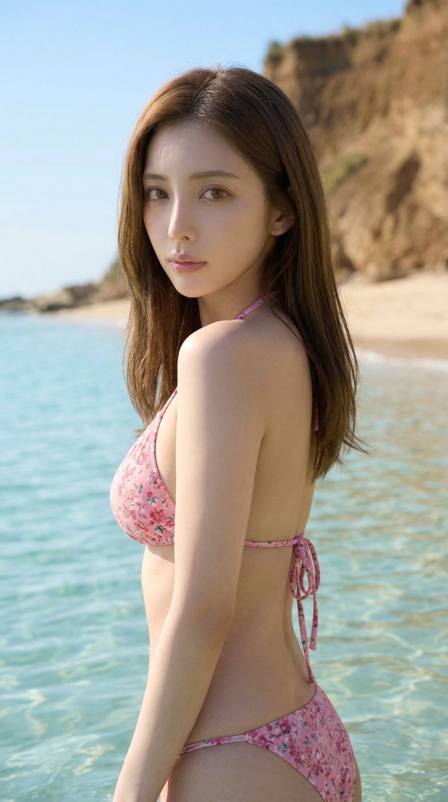 晴れた海岸を背景に、ピンクの小花柄ビキニを着用して佇む、ロングヘアの女性の横顔。
