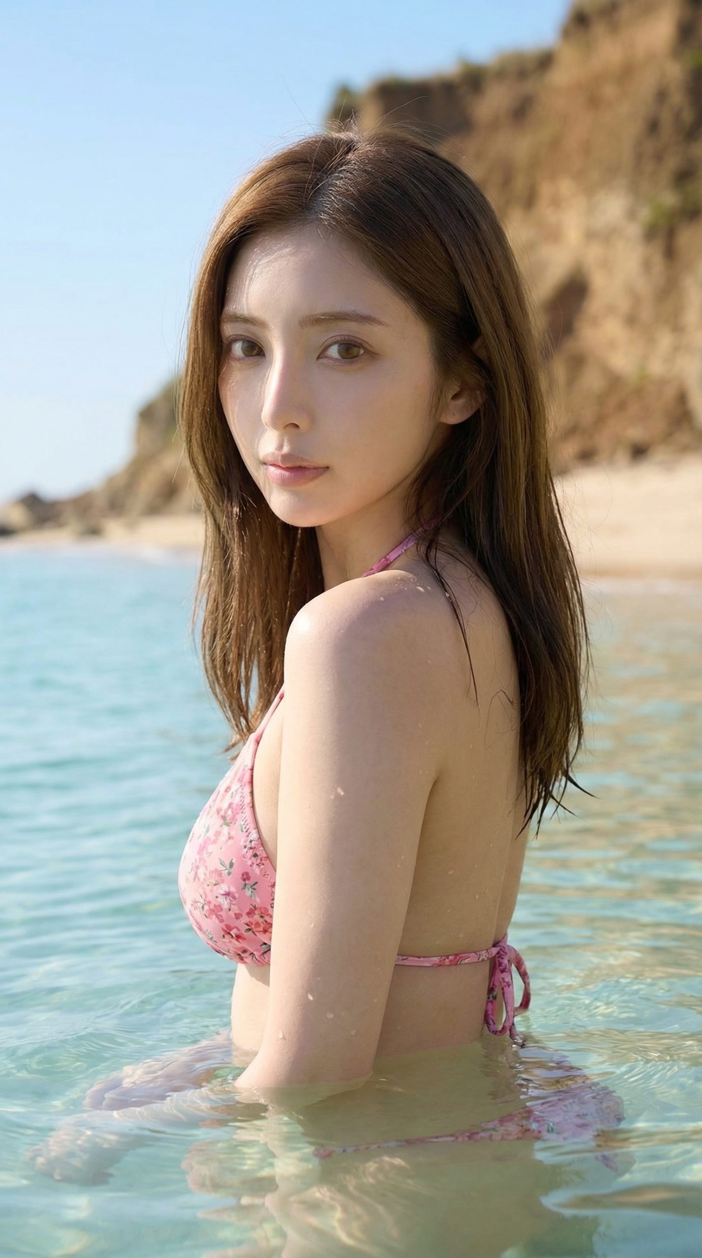 透明な海に浸かり、ピンクの花柄ビキニ姿で肩越しにこちらを見つめる女性。