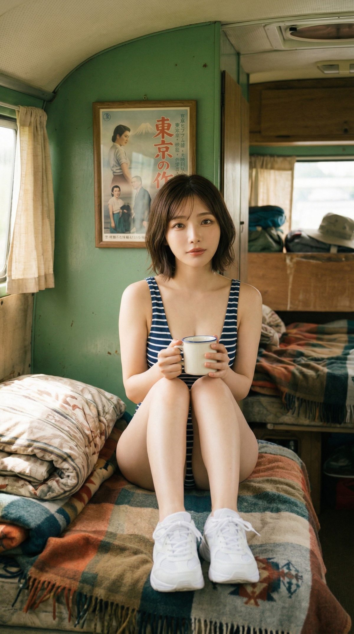 キャンピングカーの中で、縞模様の水着を着てマグカップを持つショートヘアの女性。