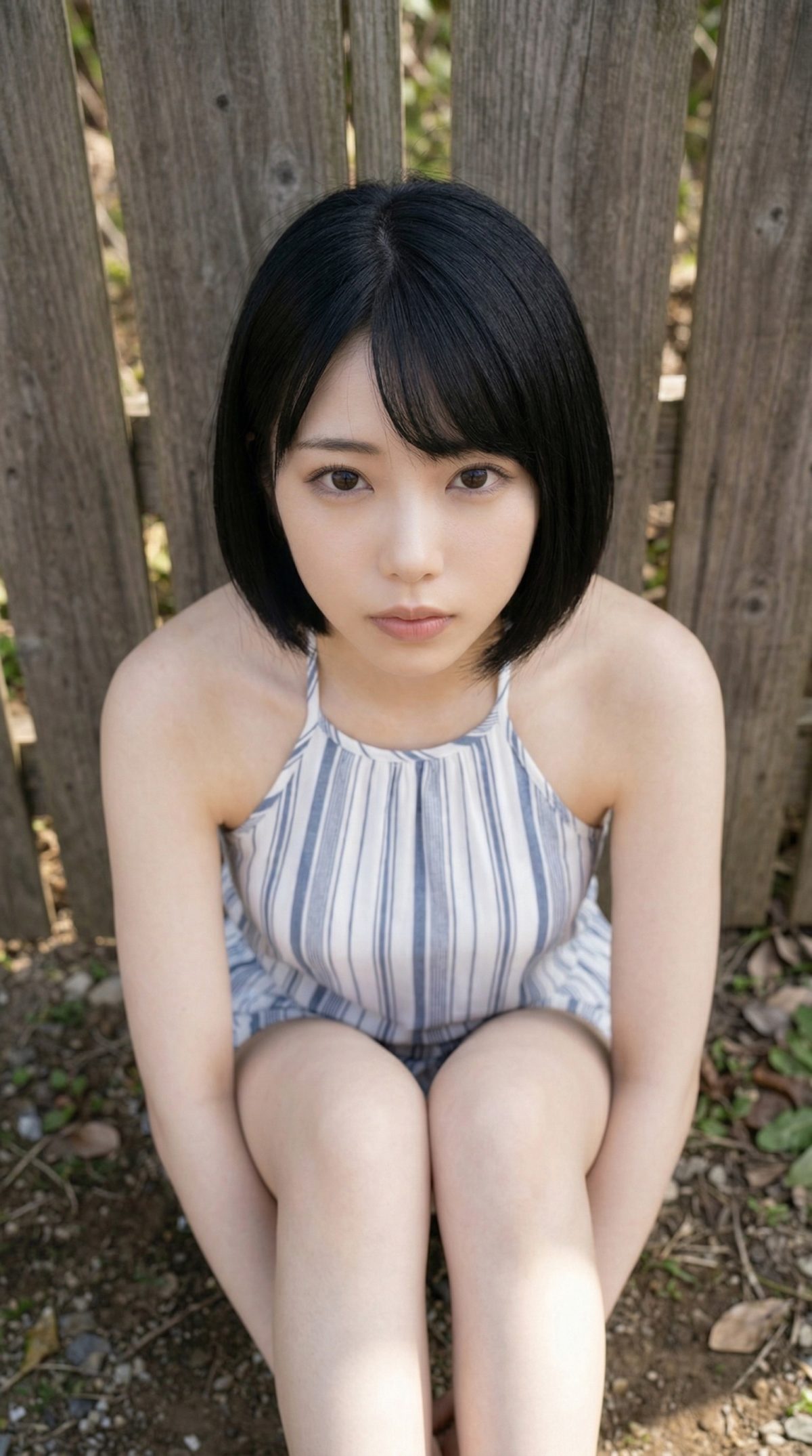 木製の柵を背に、ストライプ柄のノースリーブを着て座り、こちらを見つめる黒髪の女性。