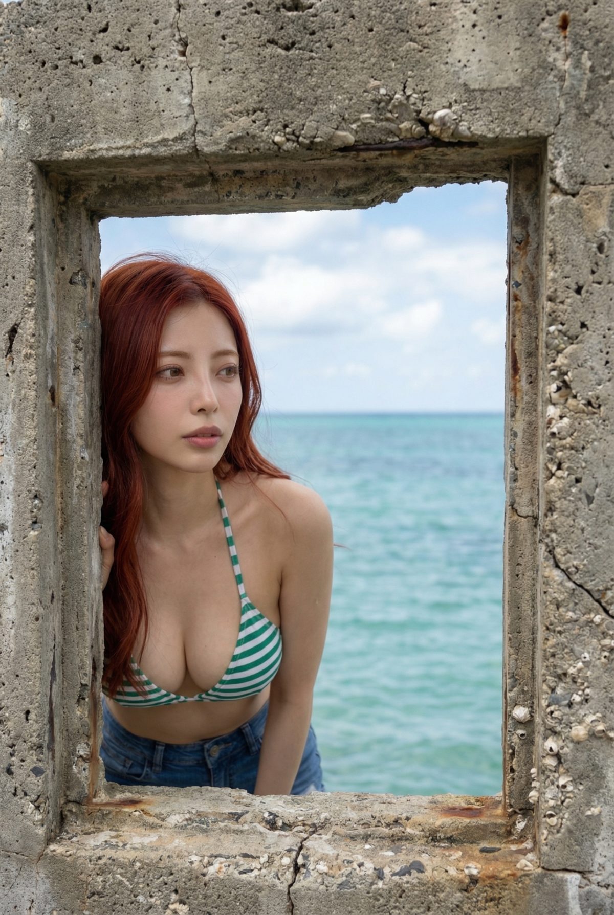 海を背景に、コンクリートの枠から覗く緑のボーダー柄ビキニを着た赤髪の女性