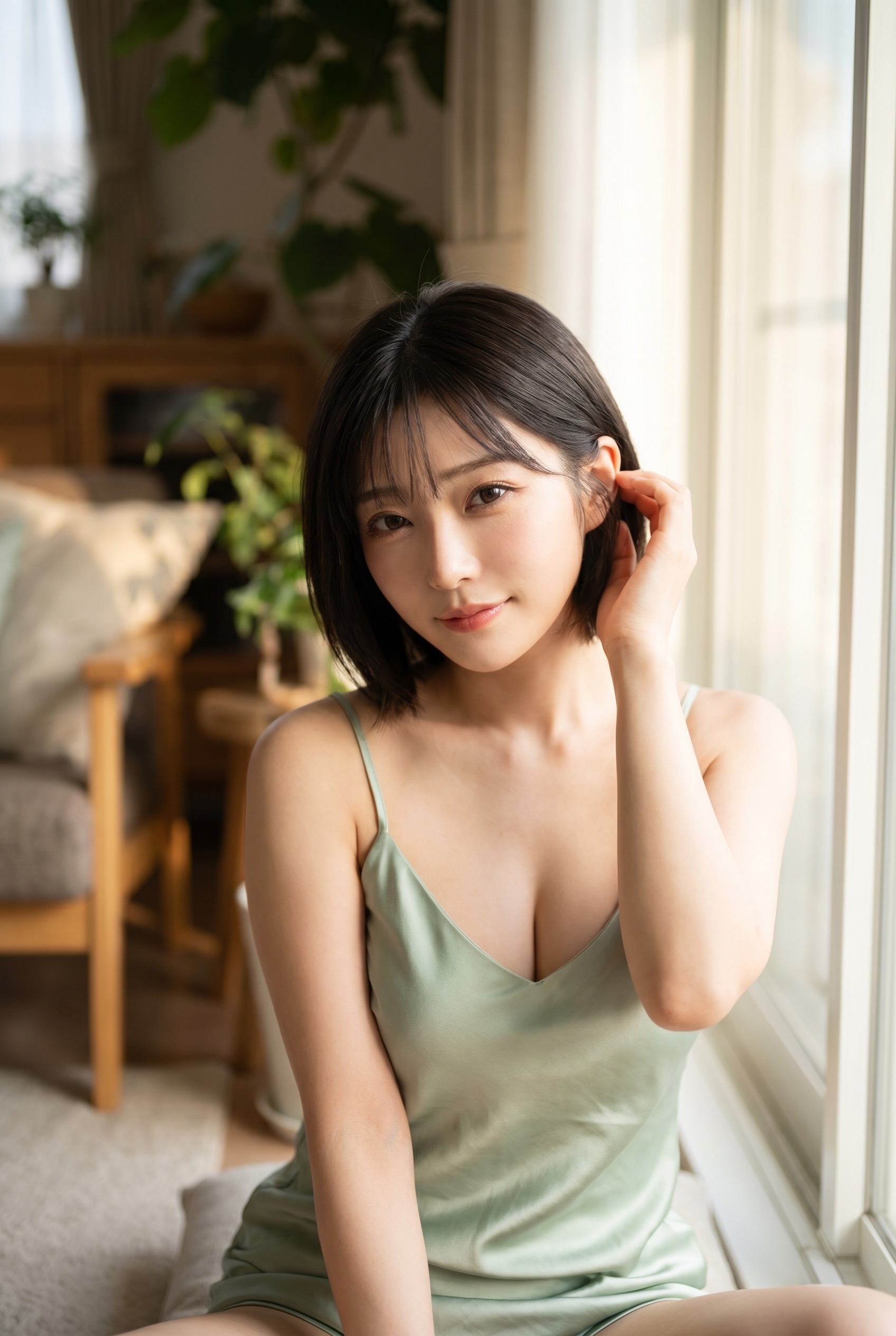 明るい窓辺で薄緑色のキャミソールを着て微笑むショートヘアの女性