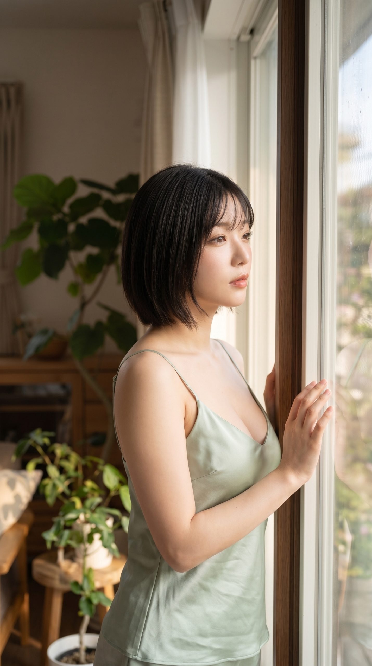 窓辺に立ち、外を見つめる薄緑色のキャミソール姿の黒髪ボブの女性