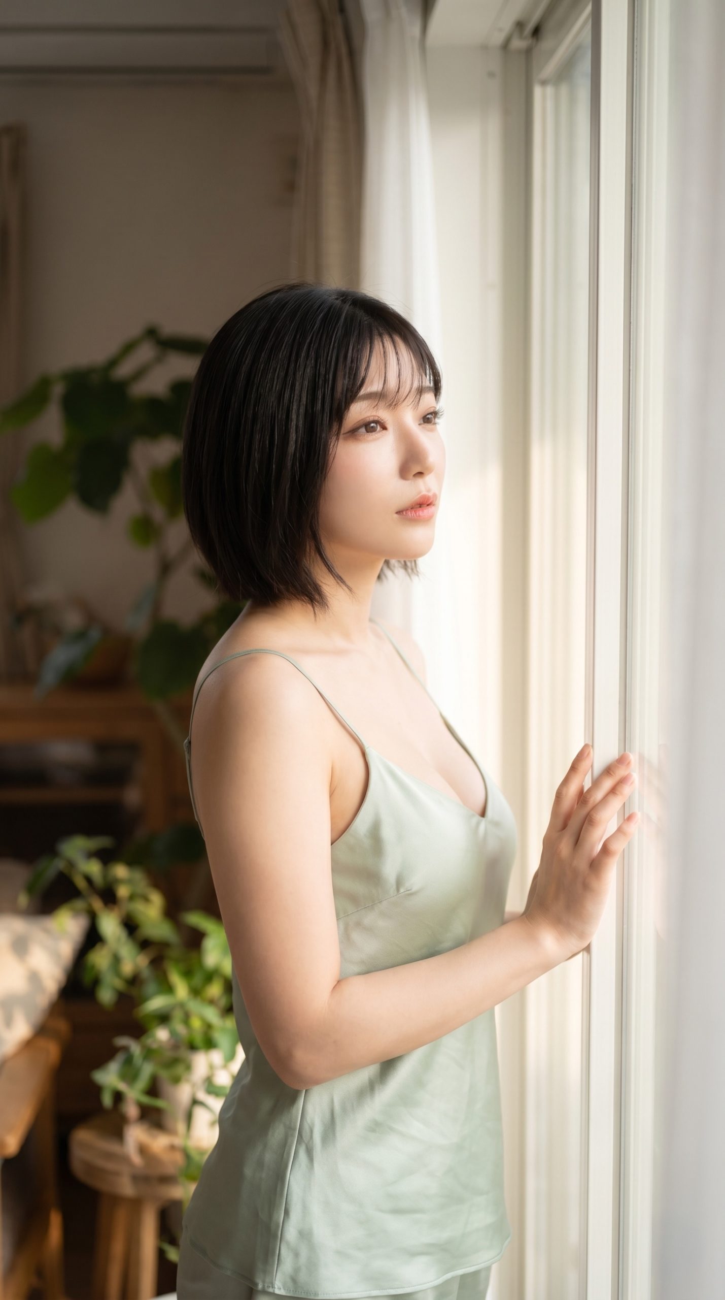 薄緑色のキャミソールを着て、窓辺から外を見つめる黒髪ショートヘアの女性