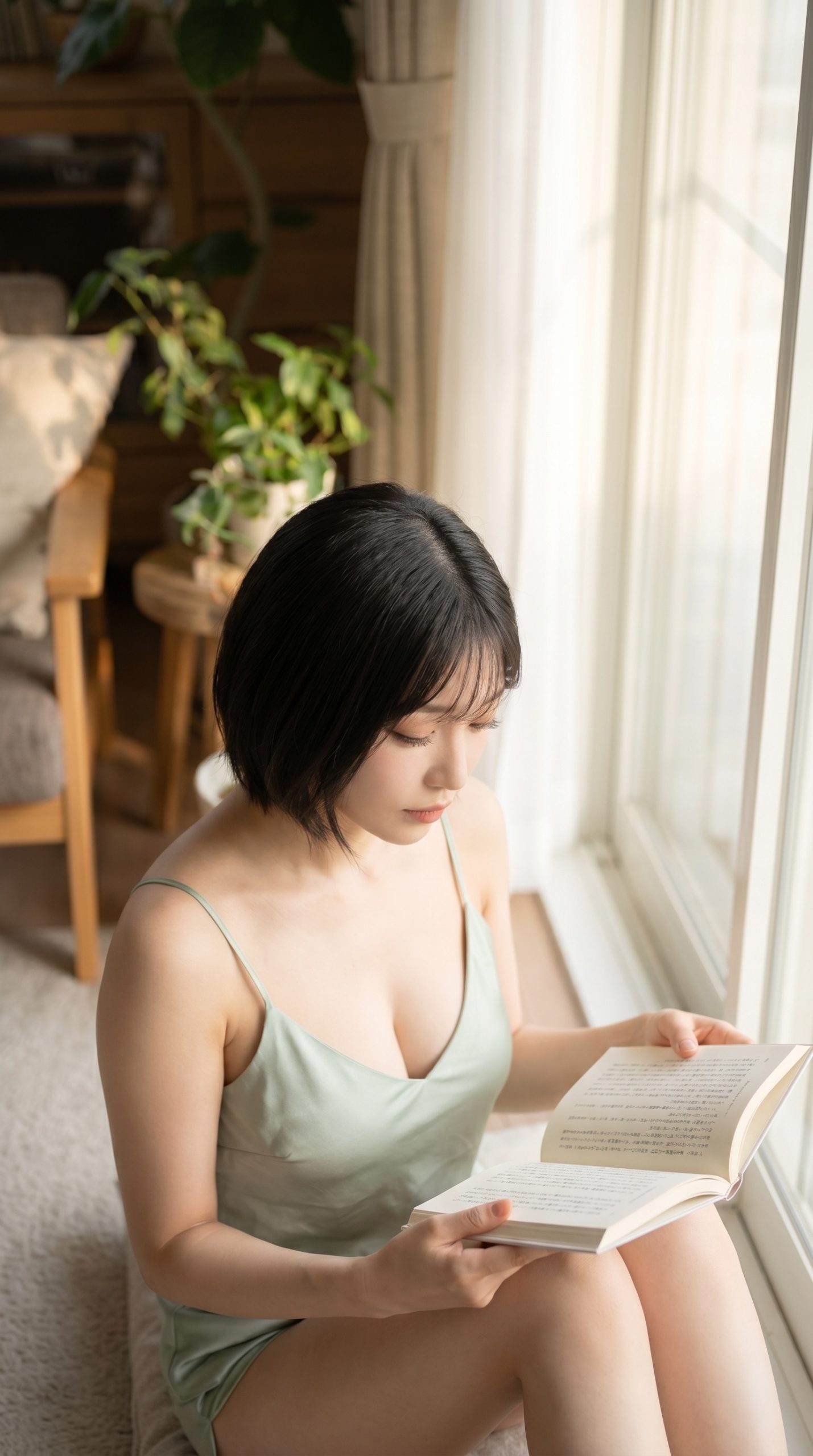明るい窓辺に座り、本を読んでいるルームウェア姿の女性