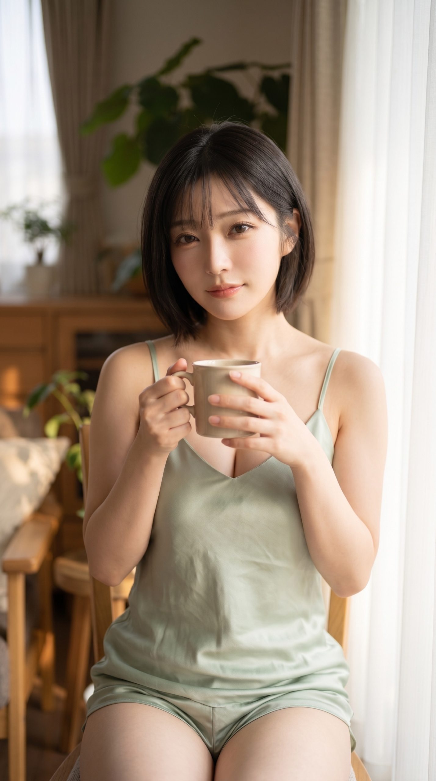 部屋でマグカップを両手で持ち、微笑むキャミソール姿の女性