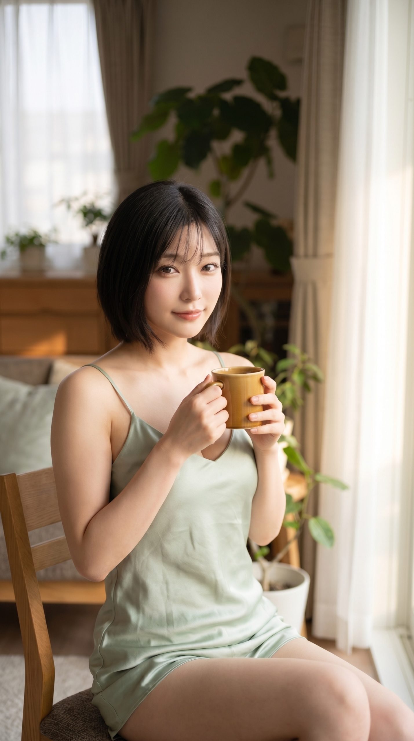 薄緑のルームウェアを着て、マグカップを持ち微笑む女性