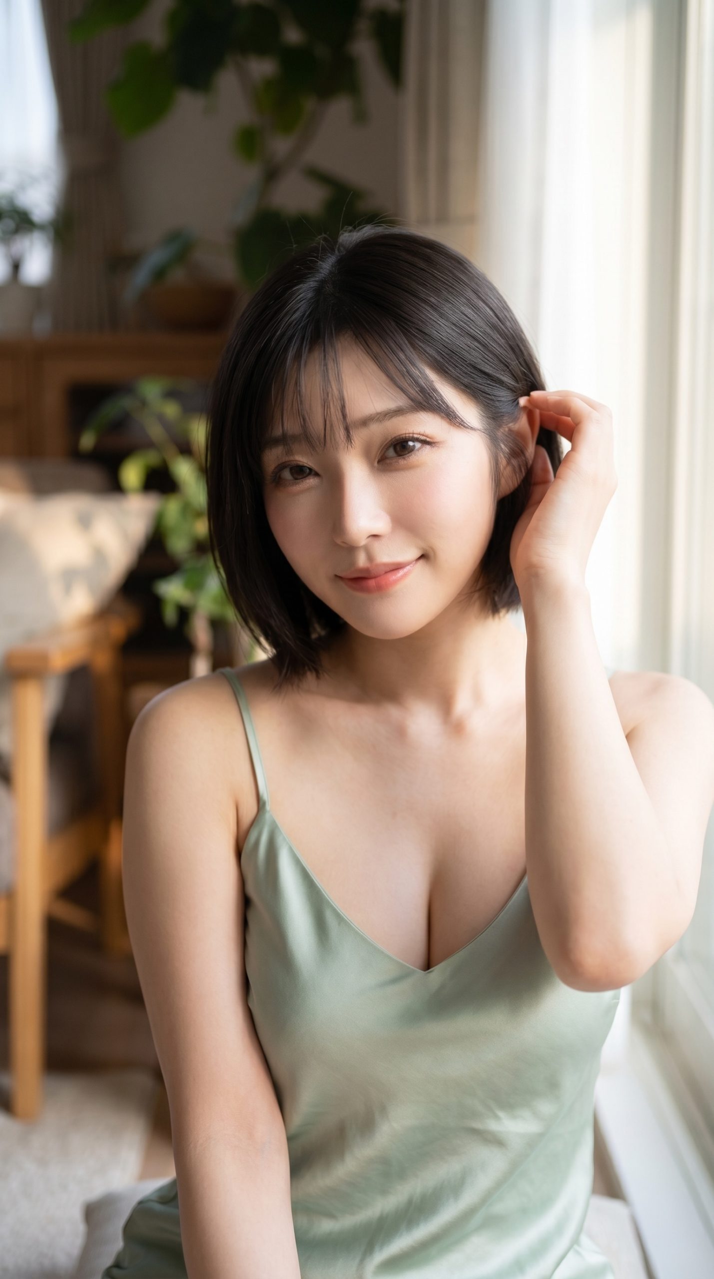 窓辺で髪に手を添えて微笑む、キャミソール姿のショートヘアの女性