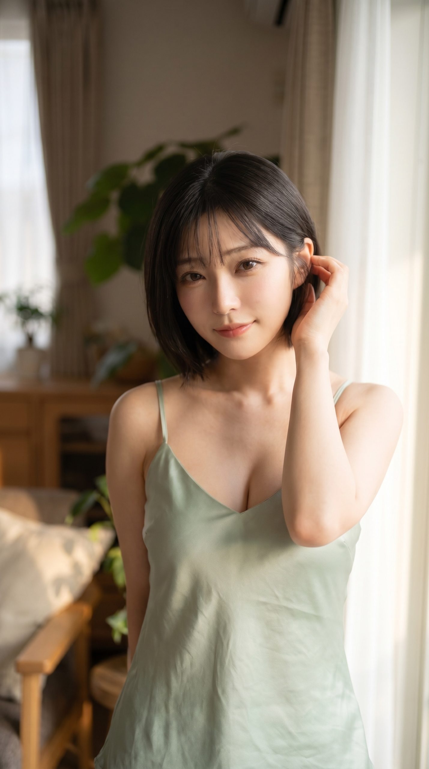 薄緑色のキャミソールを着て、髪に手を添え微笑む黒髪ショートヘアの女性。