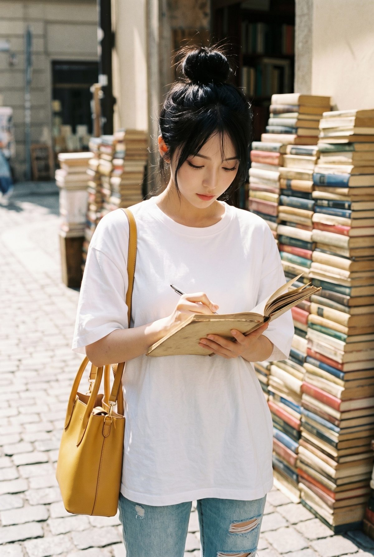 本が積まれた屋外で、本を開いてペンで書き込みをする白いTシャツの女性
