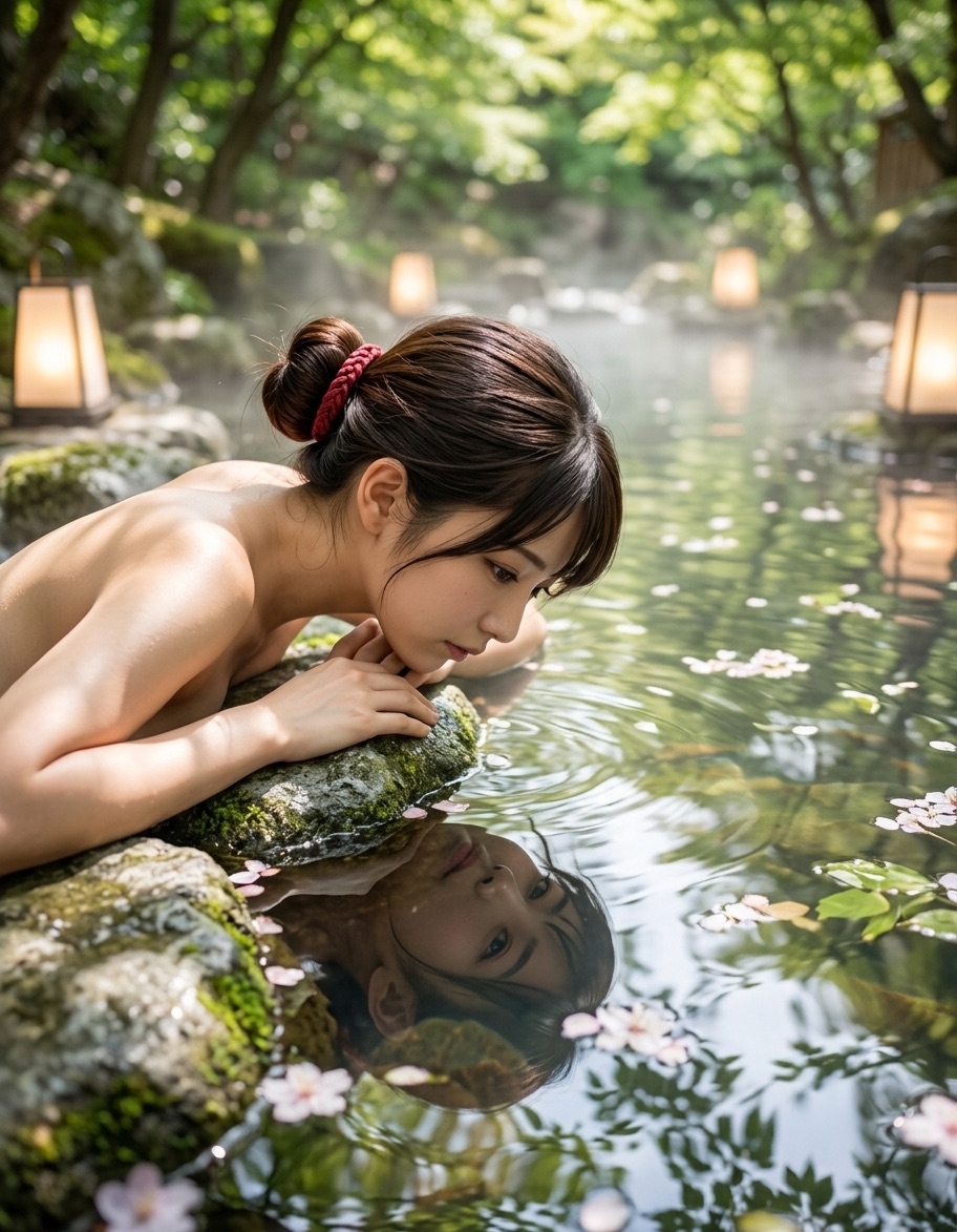 桜が浮かぶ露天風呂で、水面に映る自身の顔を見つめる女性
