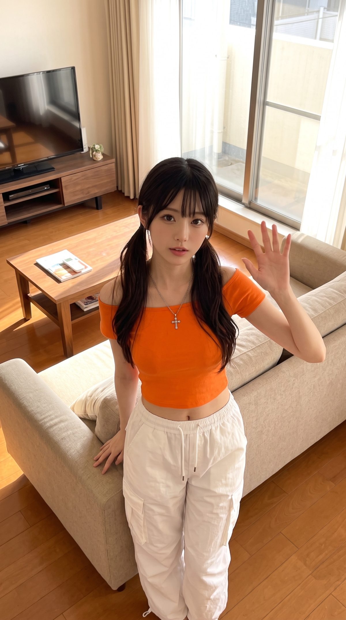 リビングルームで手を振る、オレンジのトップスを着たツインテールの女性
