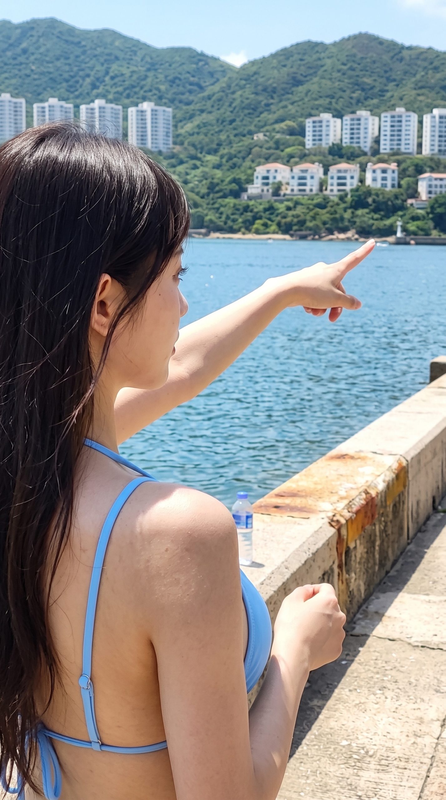 海辺の堤防に立ち、水色の水着姿で対岸を指差す女性の横顔。