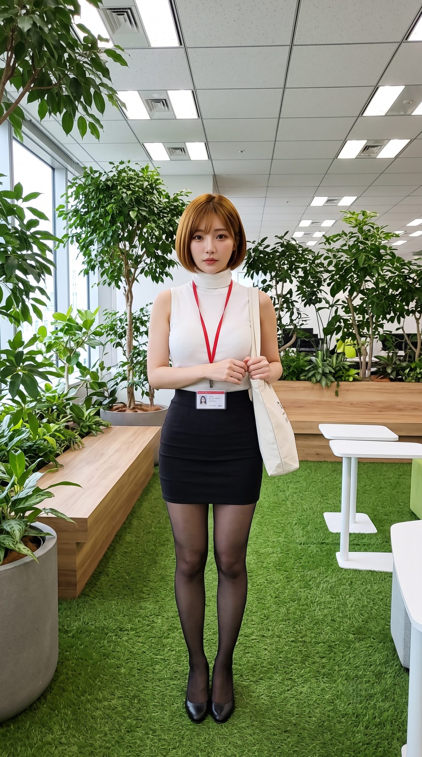 観葉植物があるオフィスで、社員証を首に下げて立つノースリーブ姿の女性。