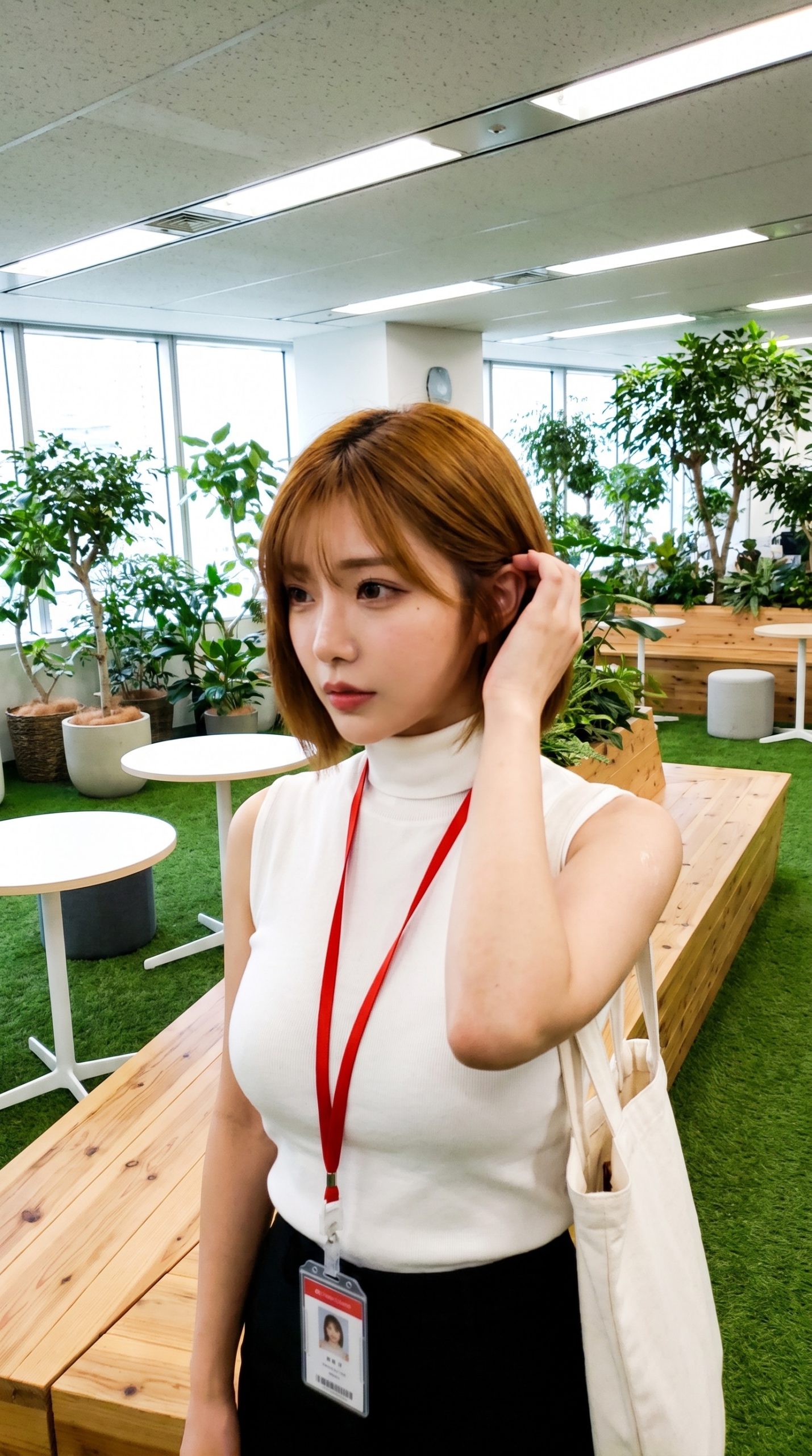 緑のあるオフィスで、社員証を首にかけたノースリーブ姿の女性