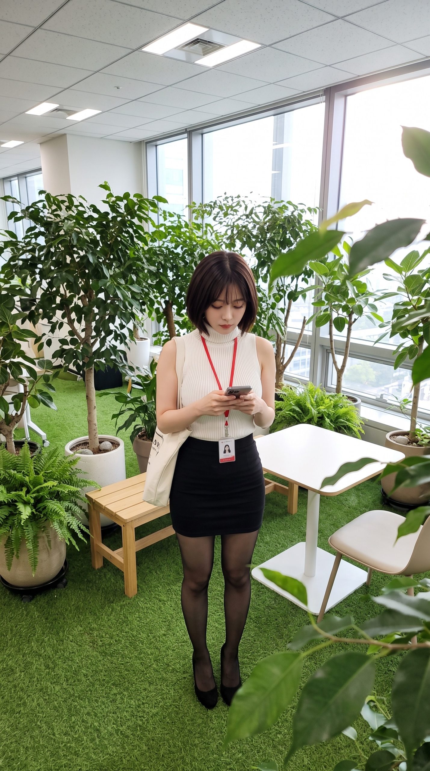 観葉植物に囲まれたオフィスの休憩エリアで、スマートフォンを操作する女性。