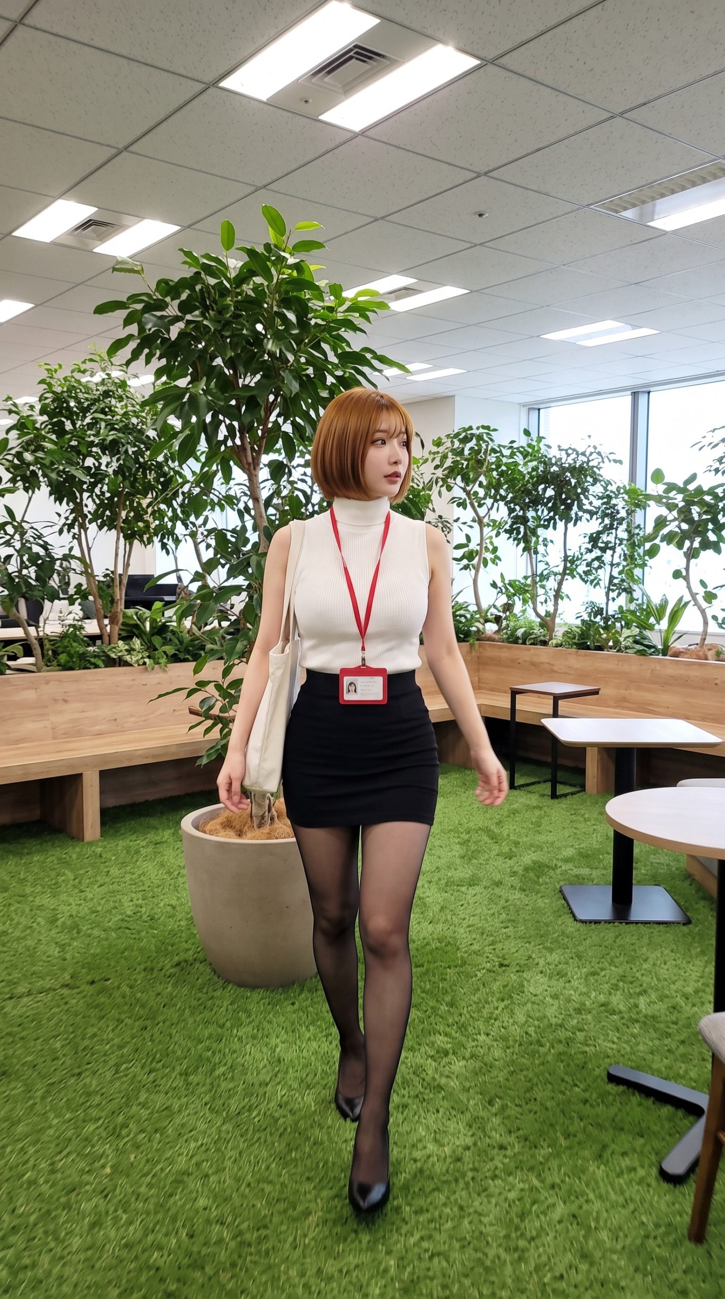 緑豊かなオフィスエリアを歩く、社員証をかけたノースリーブ姿の女性