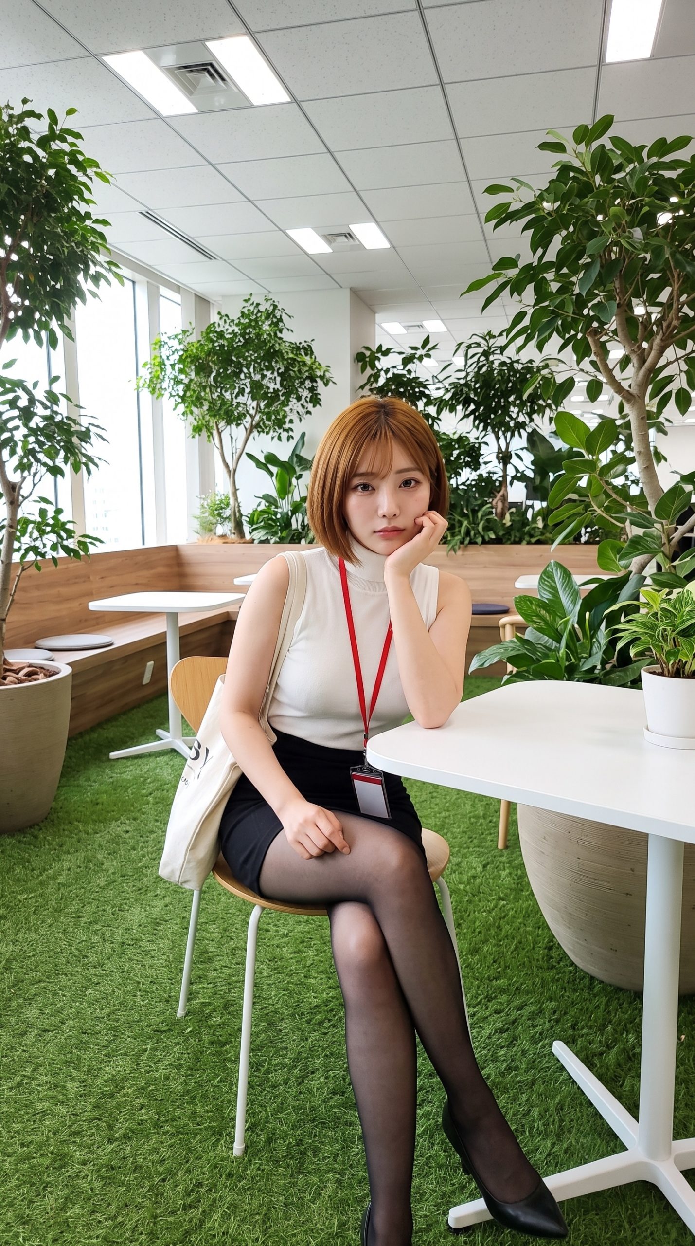 観葉植物のあるオフィスで、テーブルに頬杖をついて椅子に座る女性社員