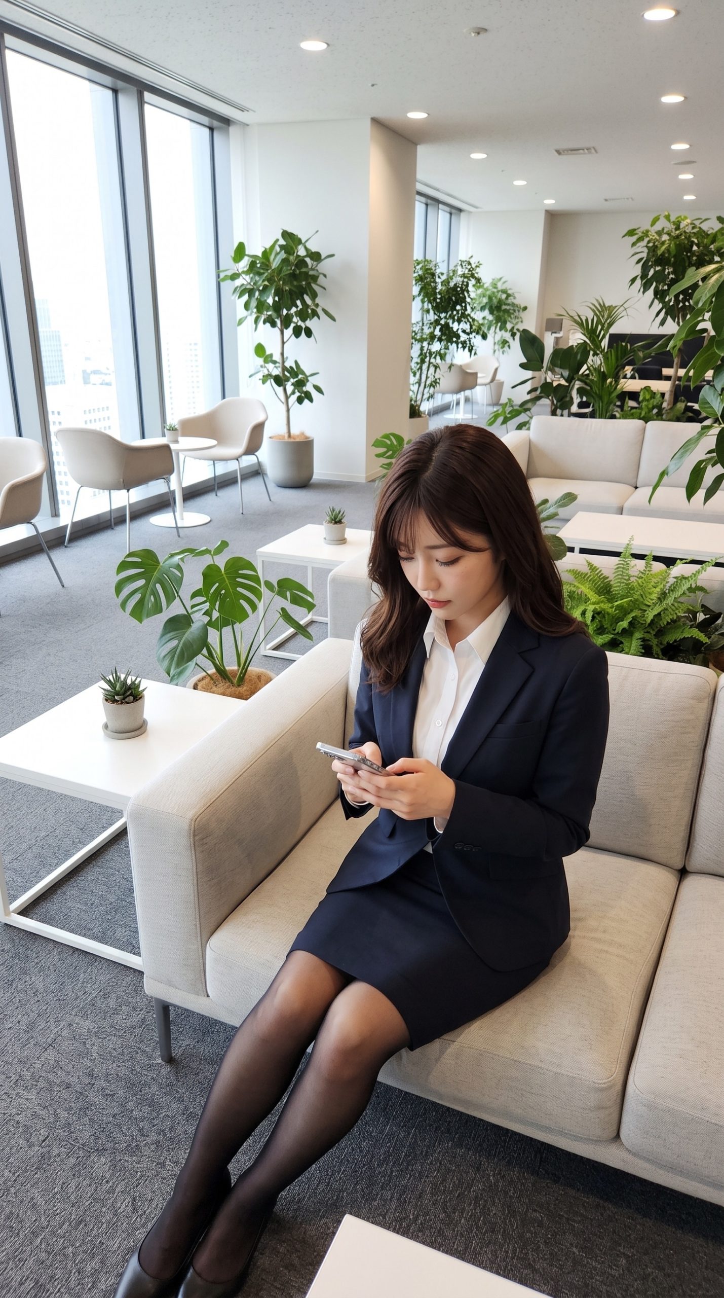 オフィス風のロビーのソファに座り、スマートフォンを操作するスーツ姿の女性