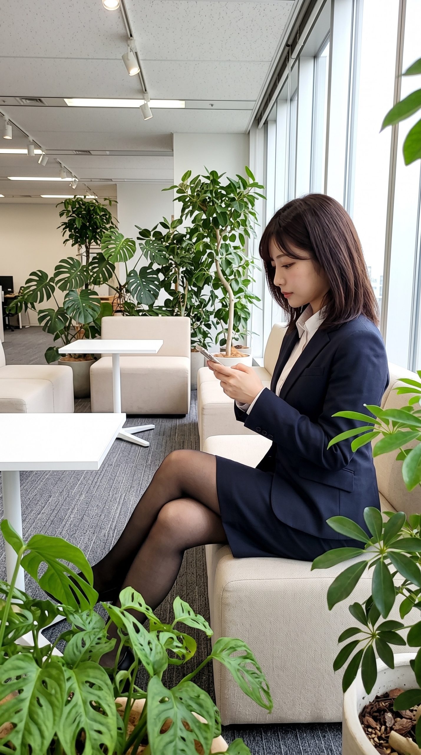 オフィスでソファに座りスマホを操作するスーツ姿の女性