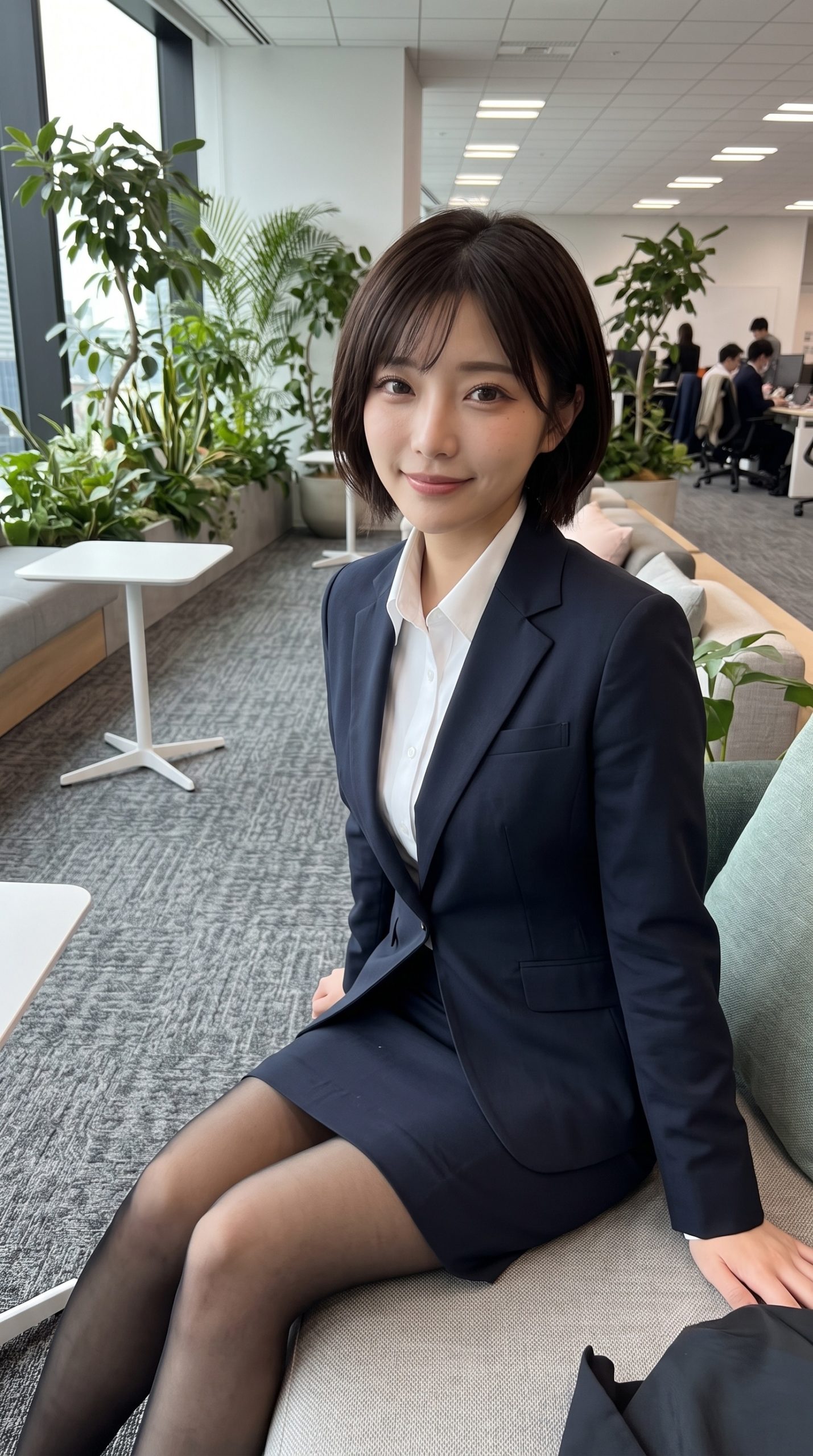 オフィスのソファに座って微笑む、リクルートスーツ姿の若い女性