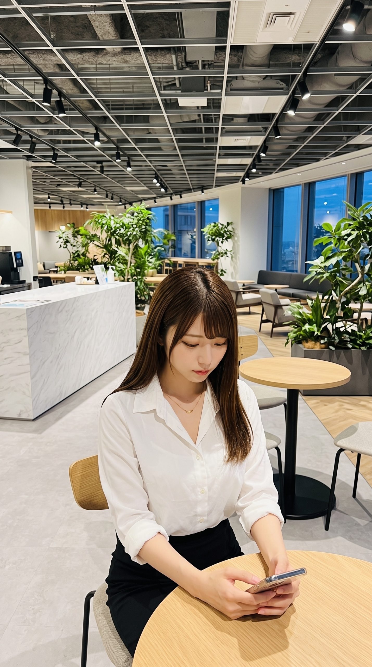 オフィスのラウンジでスマートフォンを操作する白いシャツの女性