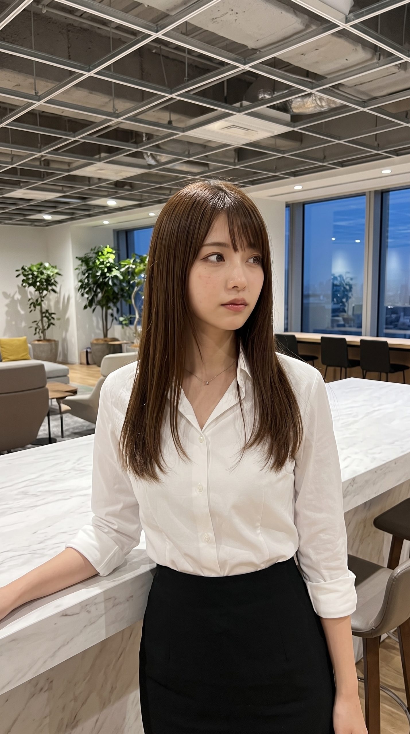 オフィスのカウンターの前に佇む、白シャツと黒スカートを着た茶髪の女性。