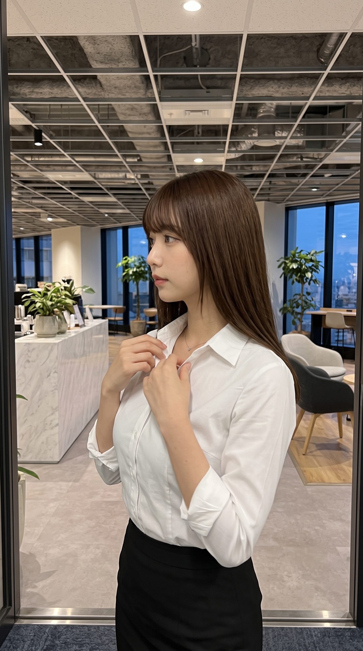 オフィスで白シャツの襟元に手を添え、横を向いて立つロングヘアの女性。
