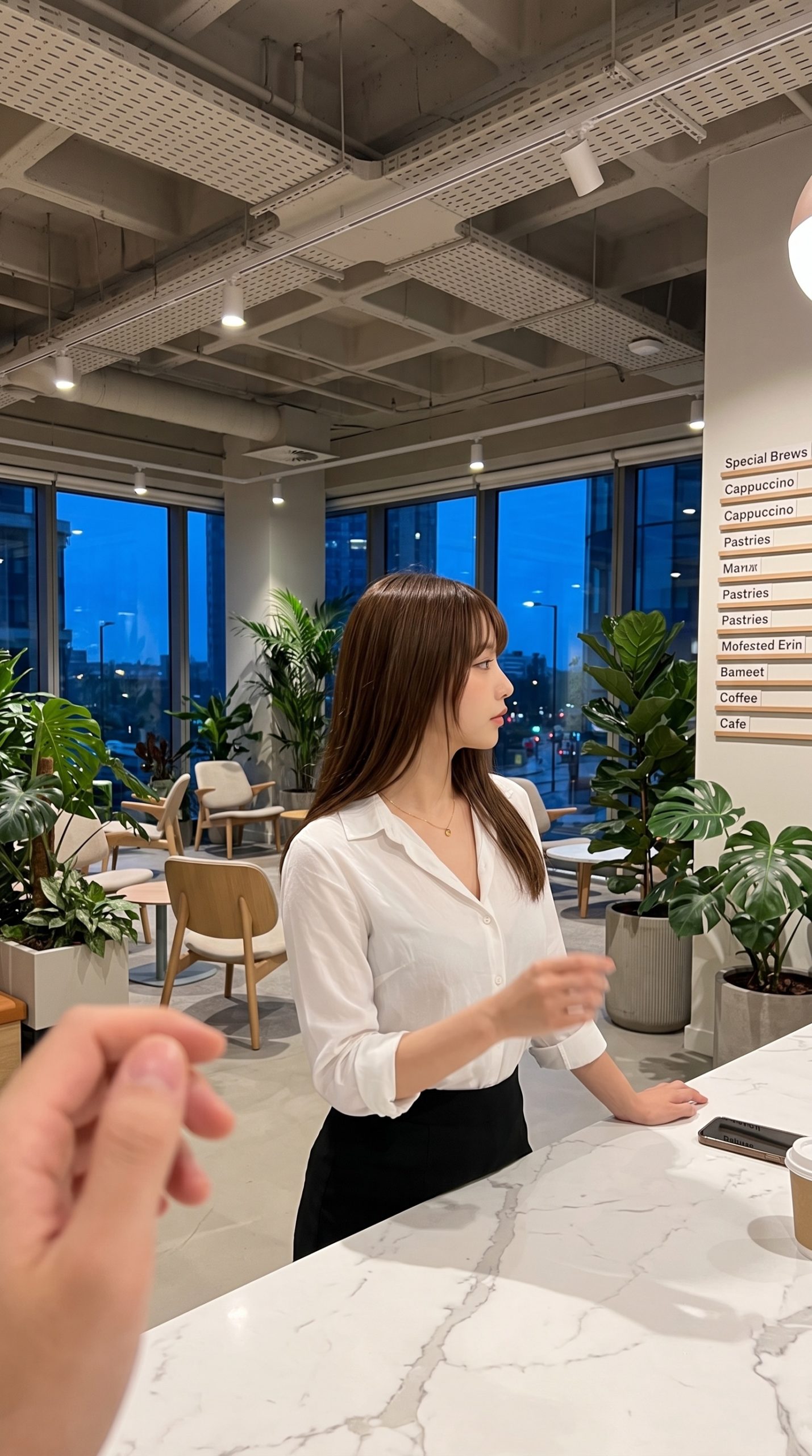 カフェのカウンターで横を向いて立つ、白シャツ姿の女性