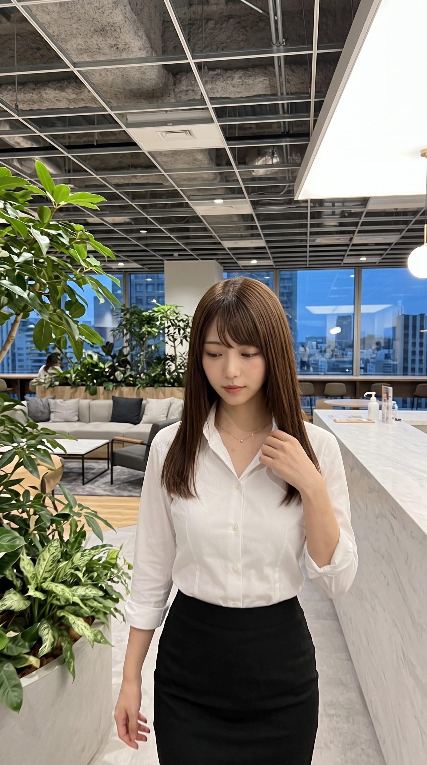 モダンなオフィスで佇む、白シャツと黒スカート姿のロングヘアの女性。