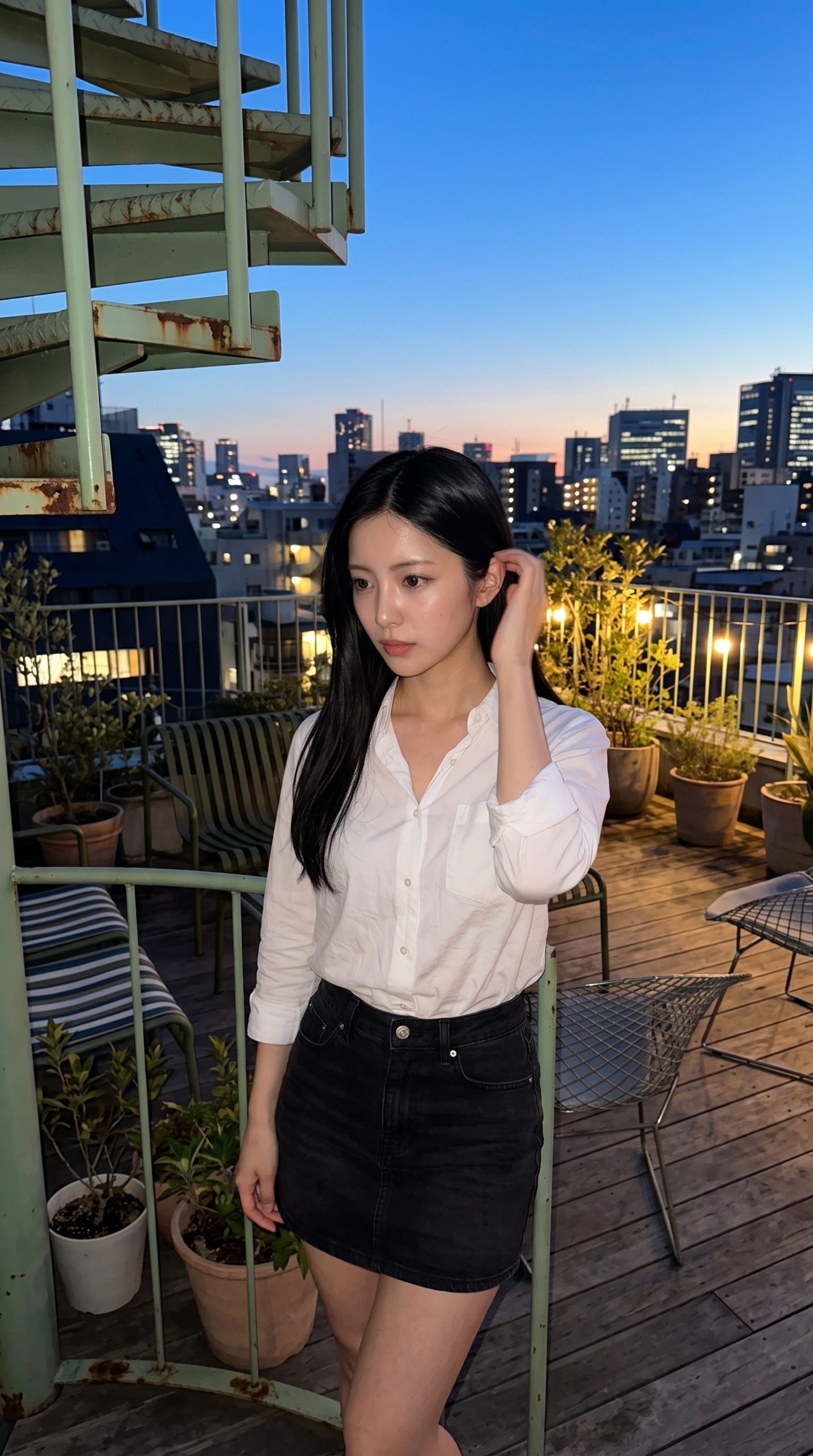 夕暮れの屋上テラスで、都会の夜景を背景にたたずむ白シャツ姿の女性