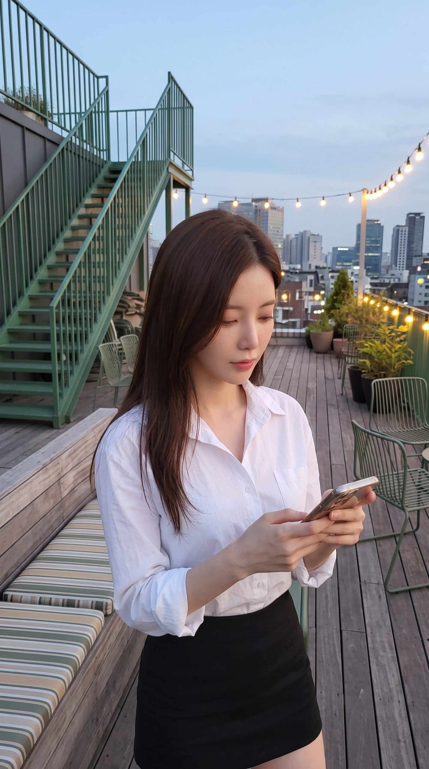 夕暮れ時のルーフトップテラスで、スマートフォンを操作する白シャツの女性