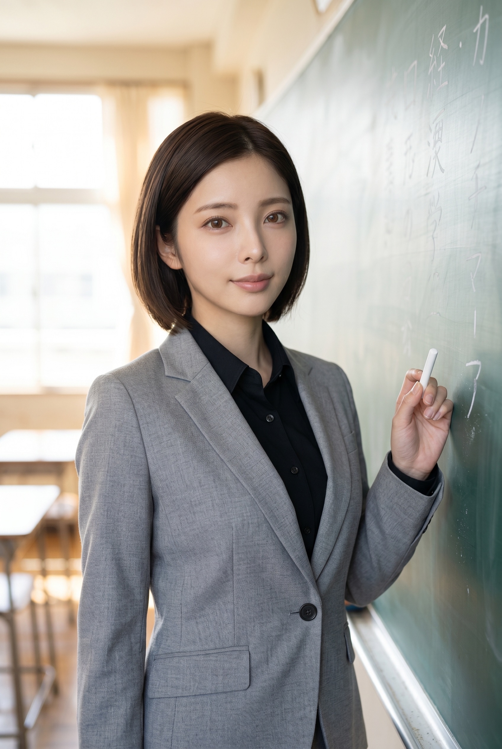 教室の黒板の前に立ち、チョークを持って微笑むグレーのスーツ姿の女性