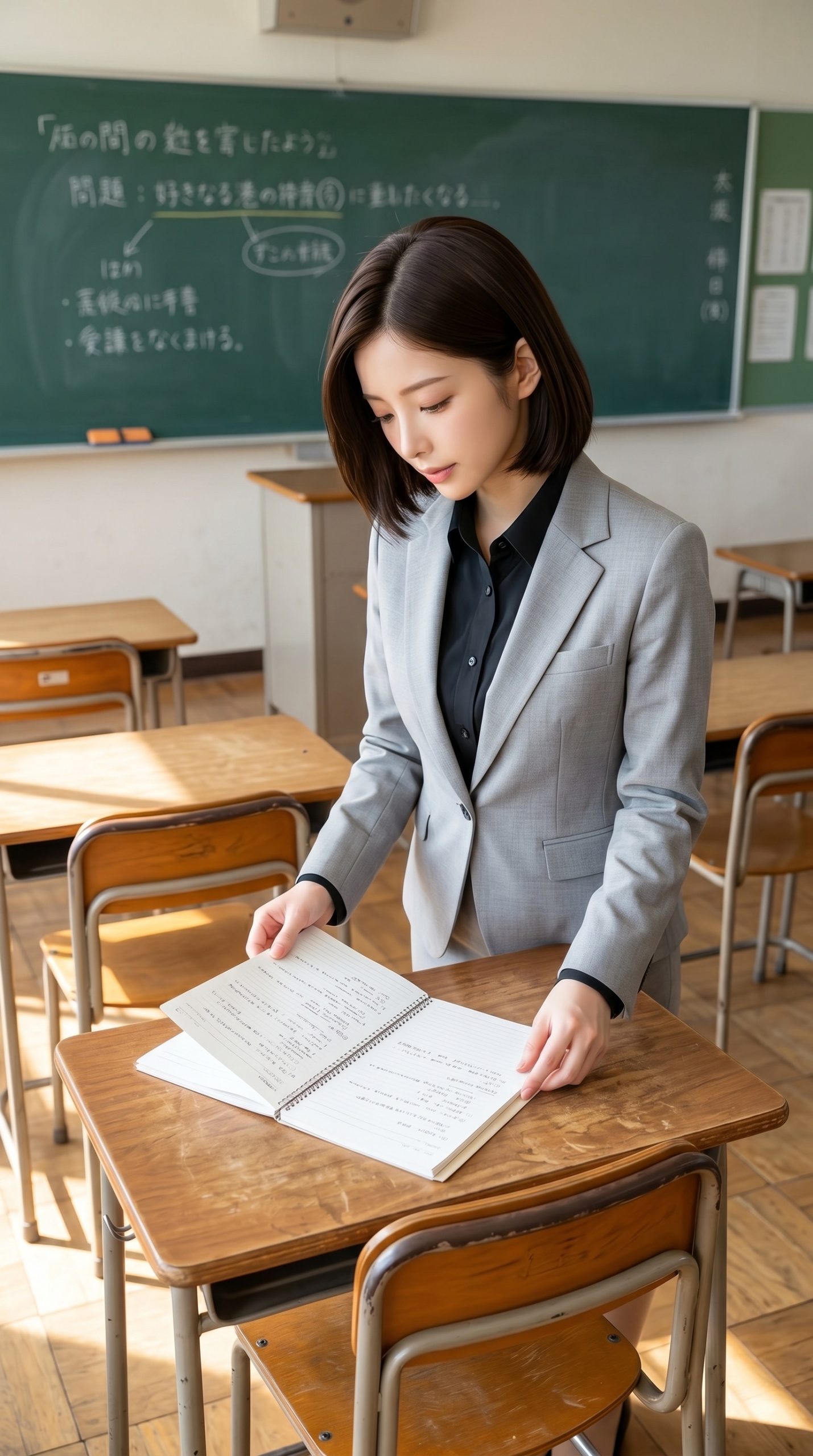 教室で机の上のノートを開いて確認するグレーのスーツ姿の女性